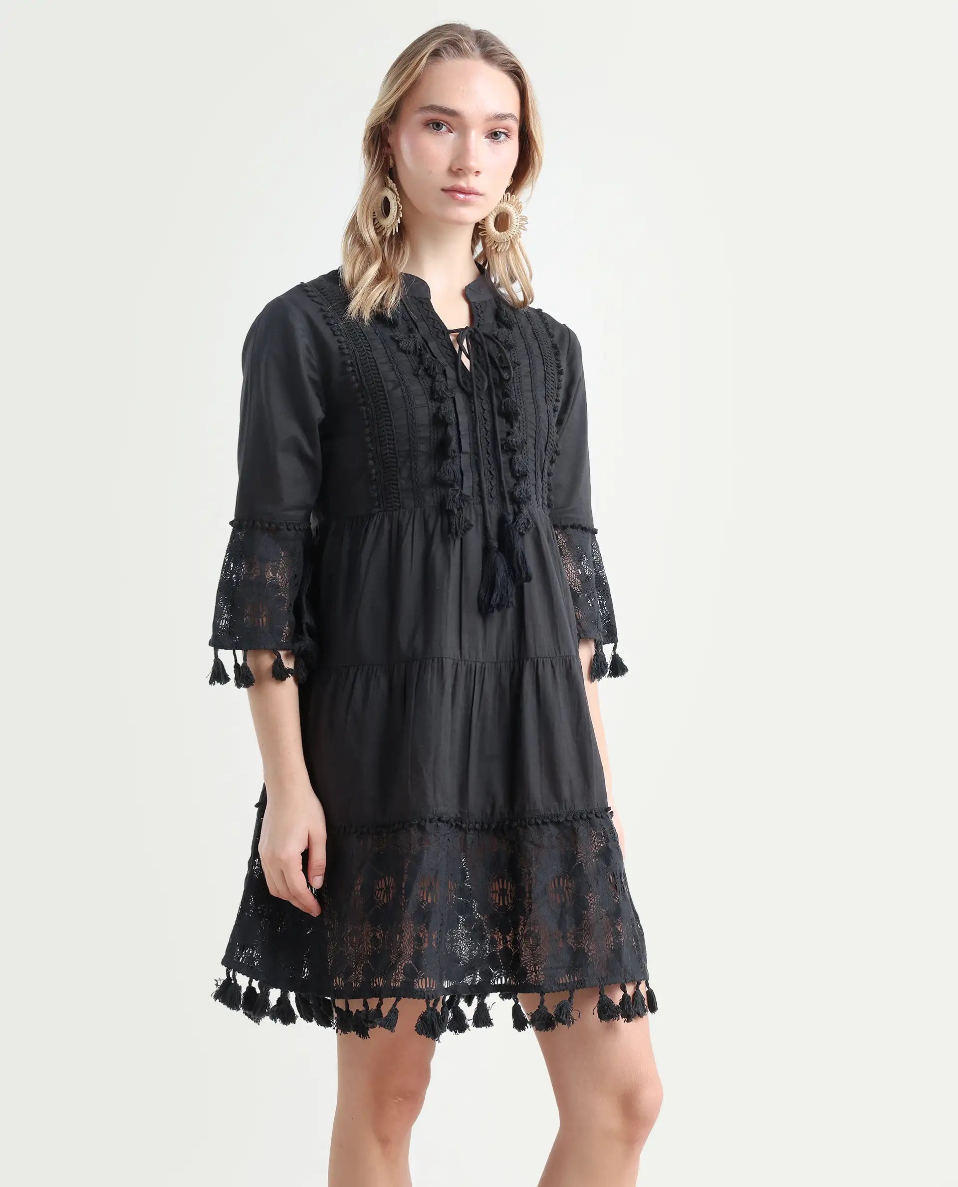 Rareism Women's Andarin Black Cotton Tie-Up Neck Plain Bell Sleeve Knee Length Regular Fit Dress