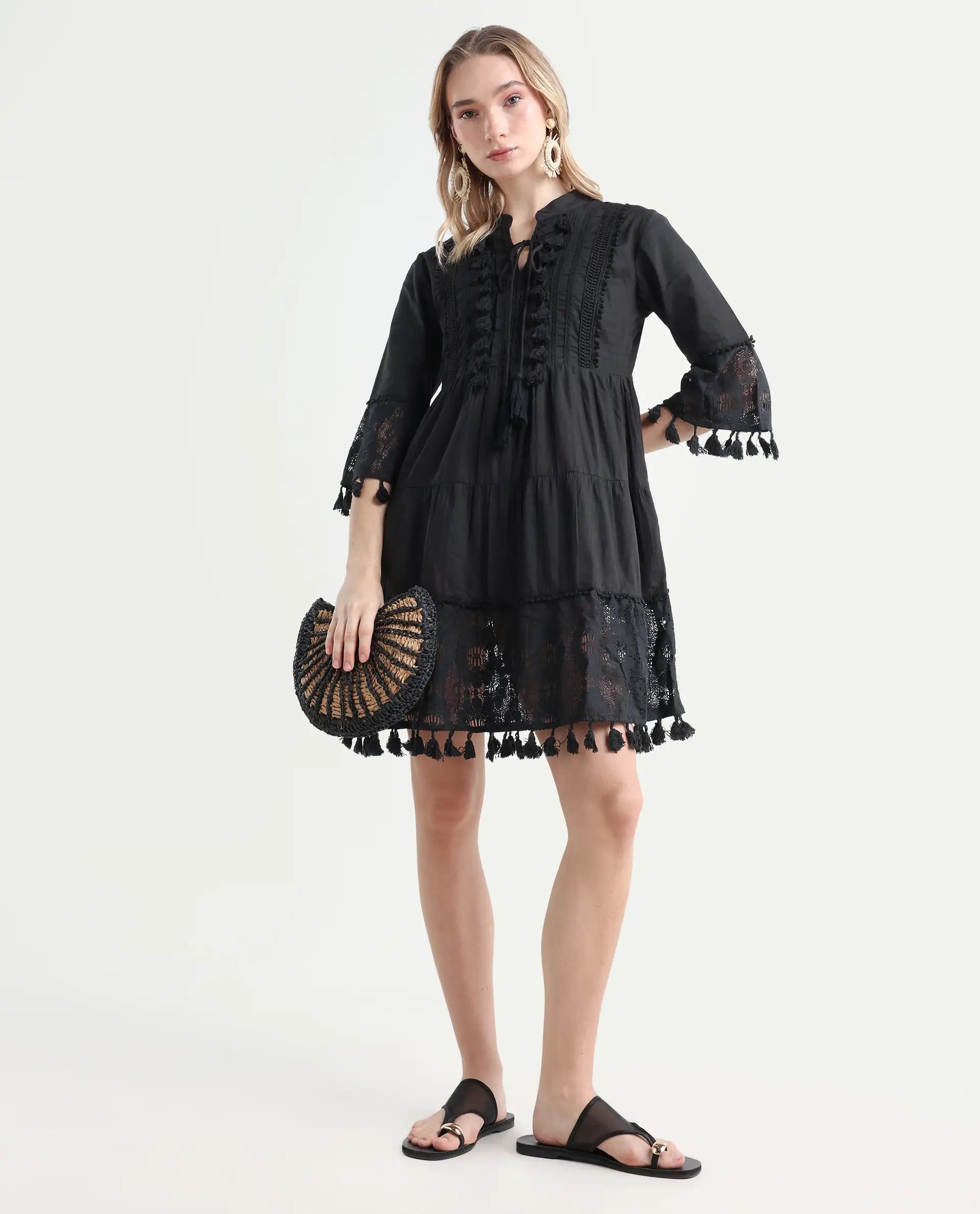 Rareism Women's Andarin Black Cotton Tie-Up Neck Plain Bell Sleeve Knee Length Regular Fit Dress