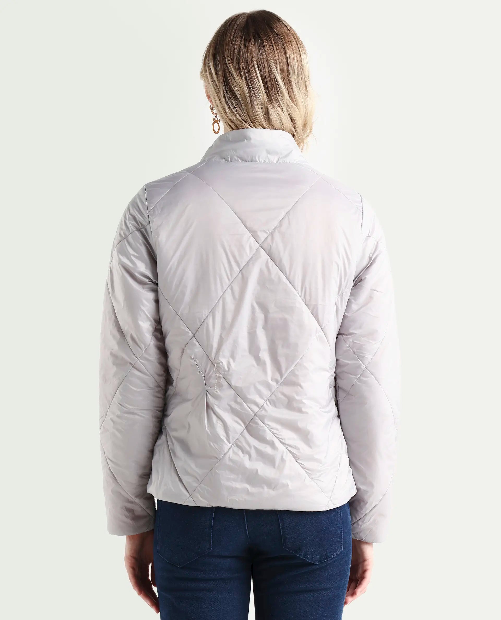 Rareism Women's Cora 1 Grey Nylon High Neck Plain Regular Fit Jacket