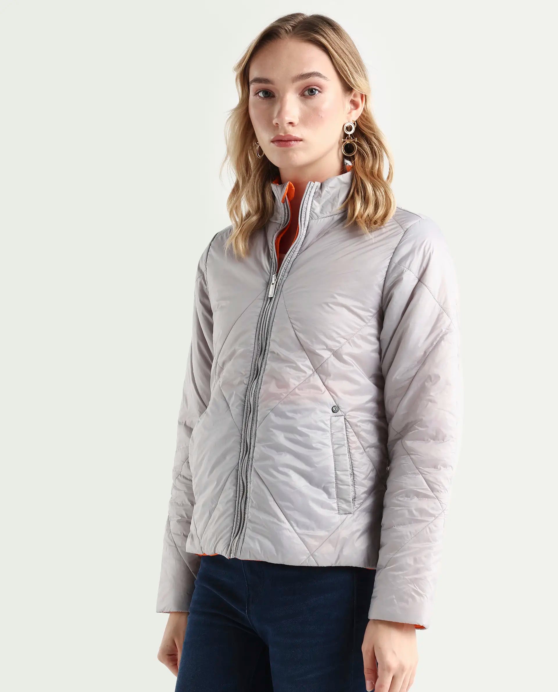 Rareism Women's Cora 1 Grey Nylon High Neck Plain Regular Fit Jacket