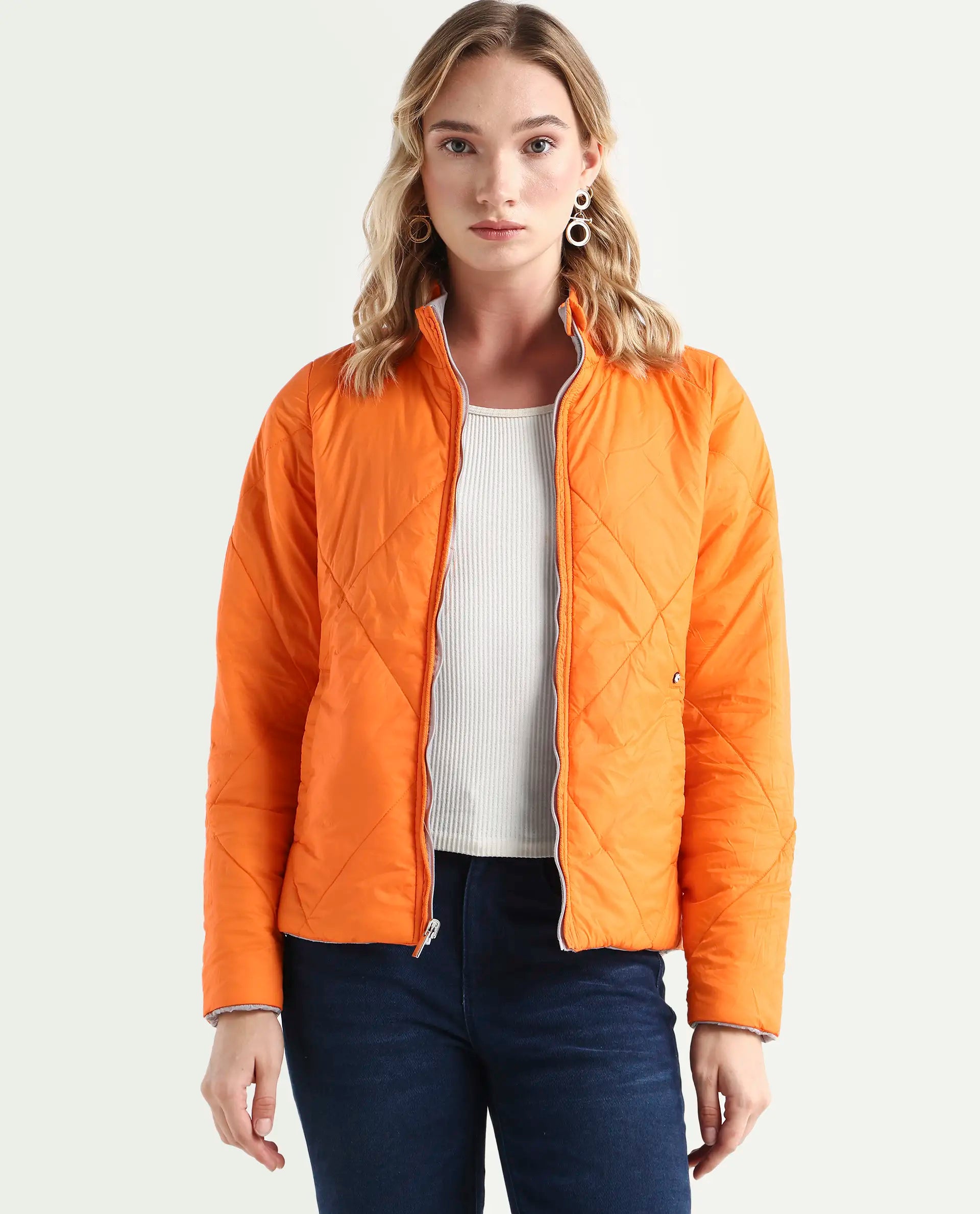 Rareism Women's Cora 1 Grey Nylon High Neck Plain Regular Fit Jacket