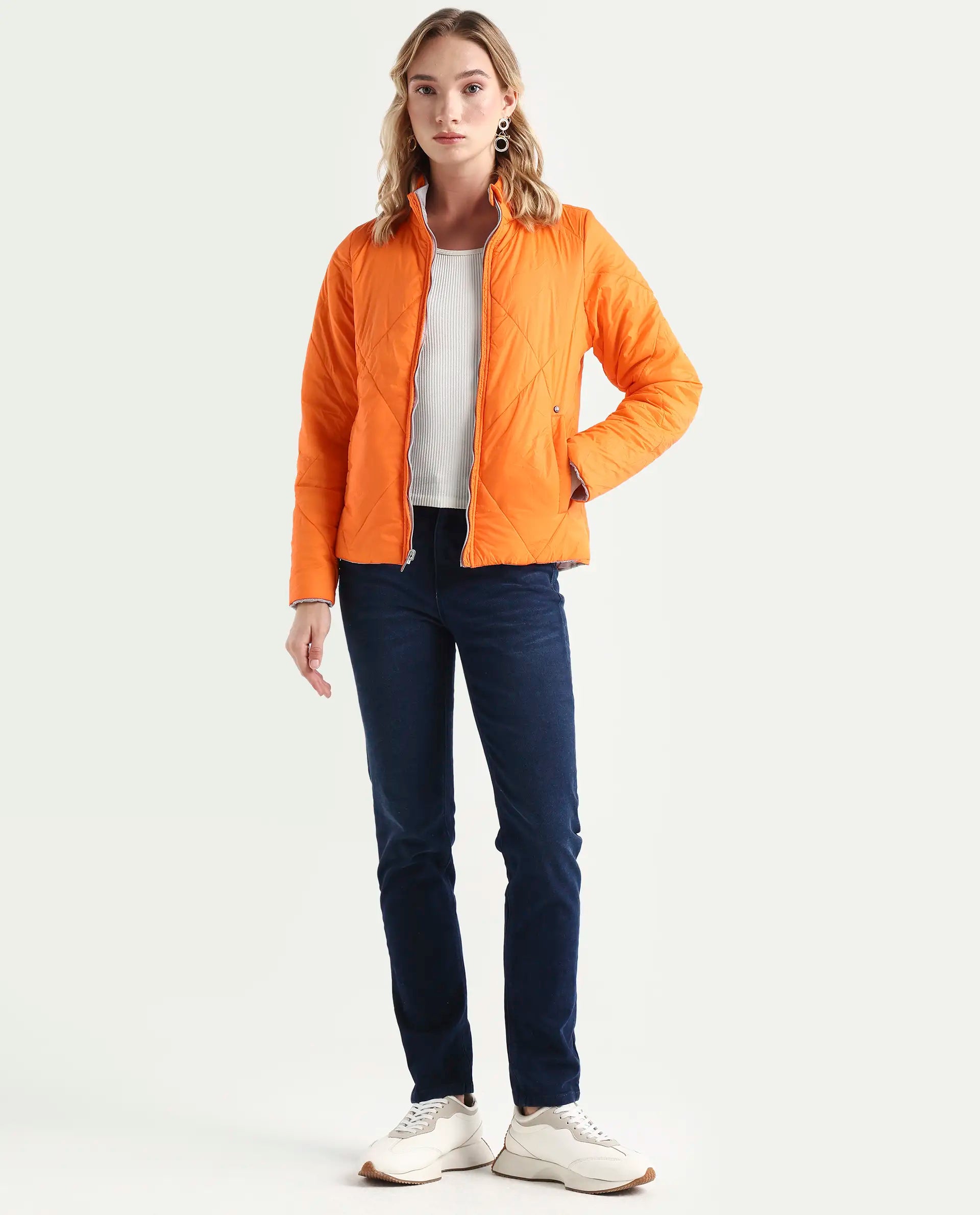 Rareism Women's Cora 1 Grey Nylon High Neck Plain Regular Fit Jacket