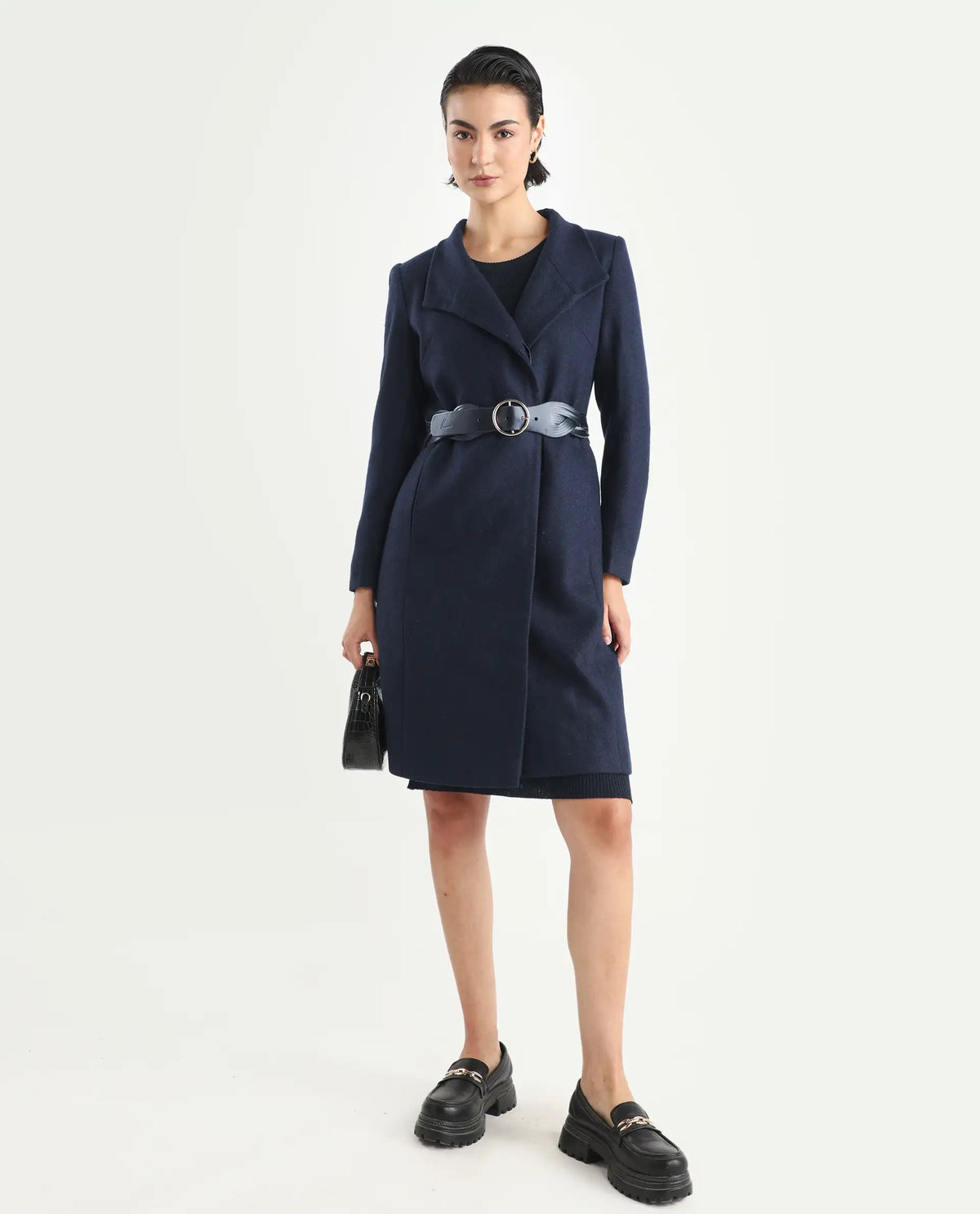 Rareism Women's Monch Navy Overlap Neck Plain Midi Boxy Fit Coat