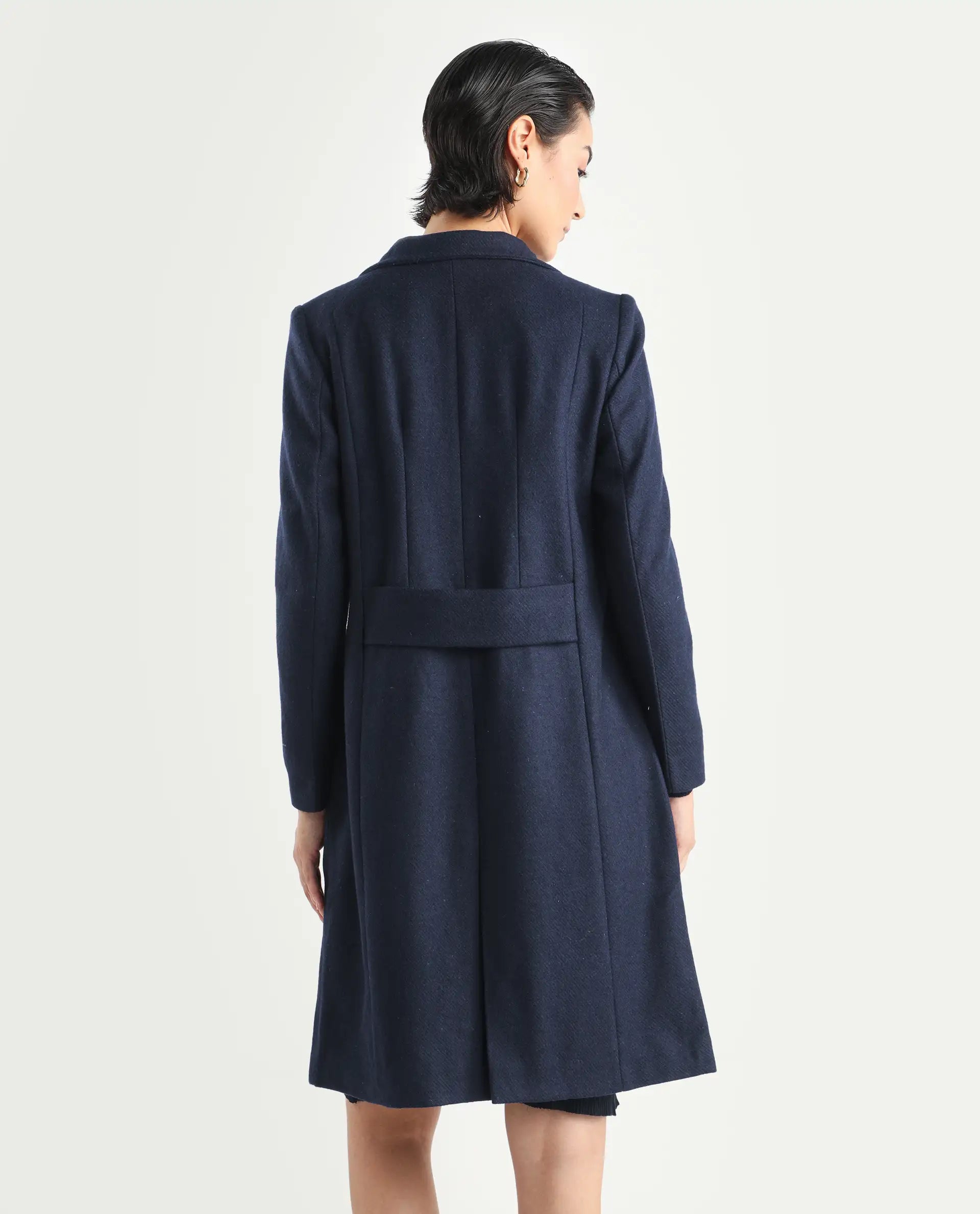 Rareism Women's Monch Navy Overlap Neck Plain Midi Boxy Fit Jacket