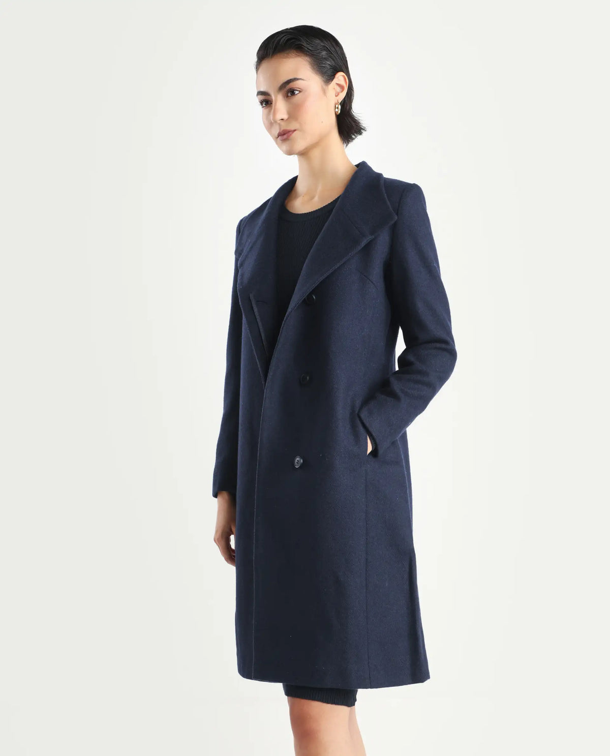 Rareism Women's Monch Navy Overlap Neck Plain Midi Boxy Fit Coat