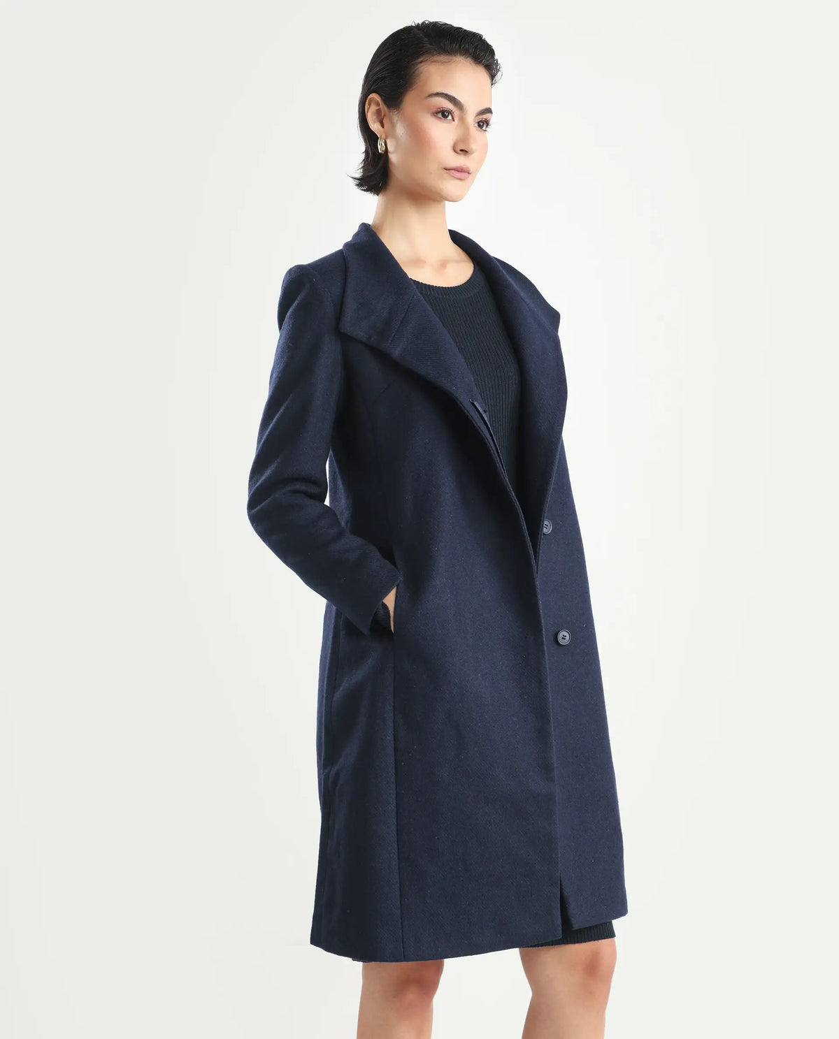 Rareism Women's Monch Navy Overlap Neck Plain Midi Boxy Fit Coat