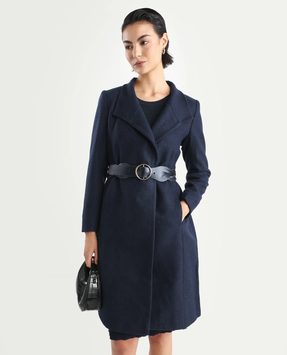 Rareism Women's Monch Navy Overlap Neck Plain Midi Boxy Fit Coat