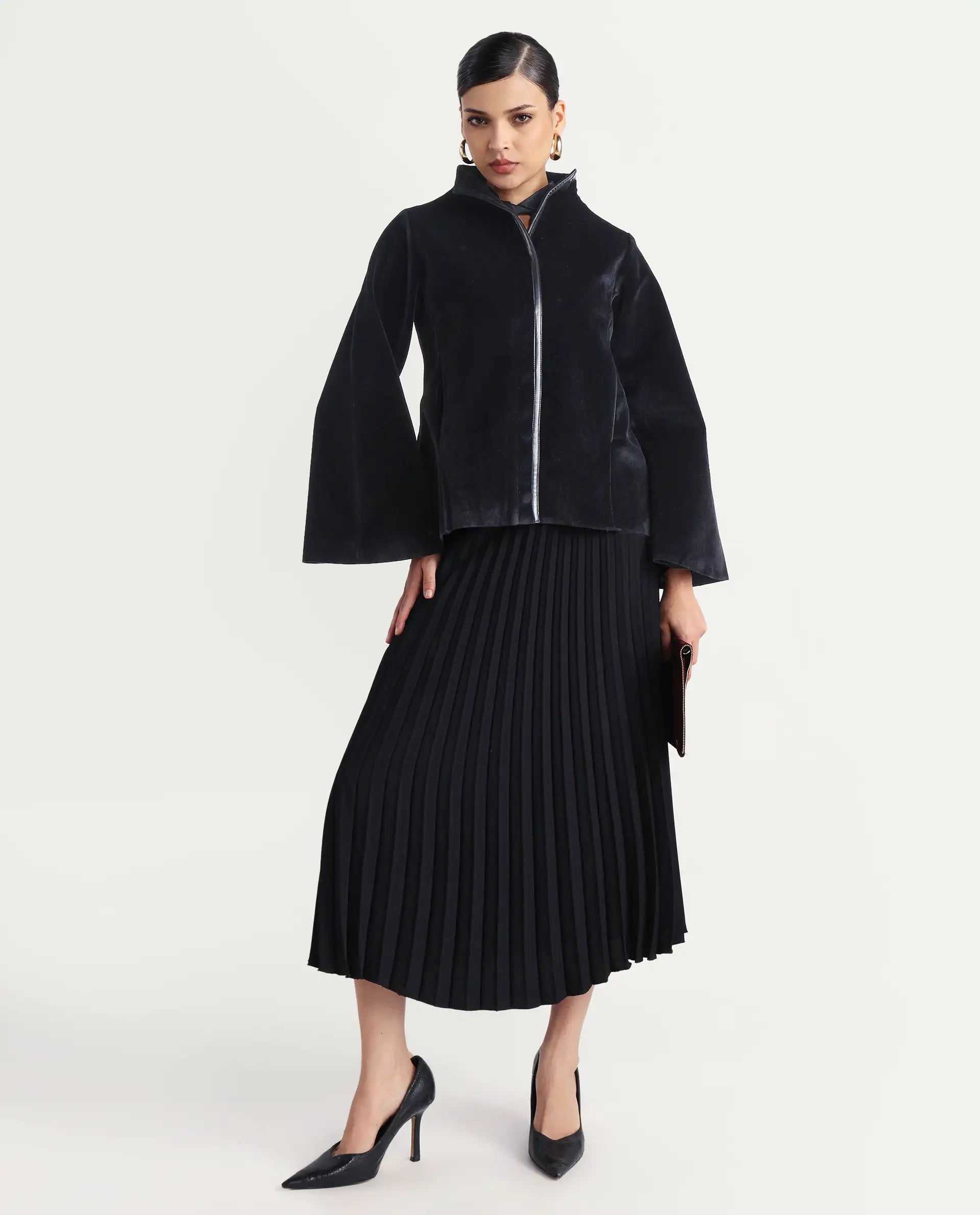 Rareism Women's Kraus Black Polyester High Neck Plain Bell Sleeve Regular Fit Jacket