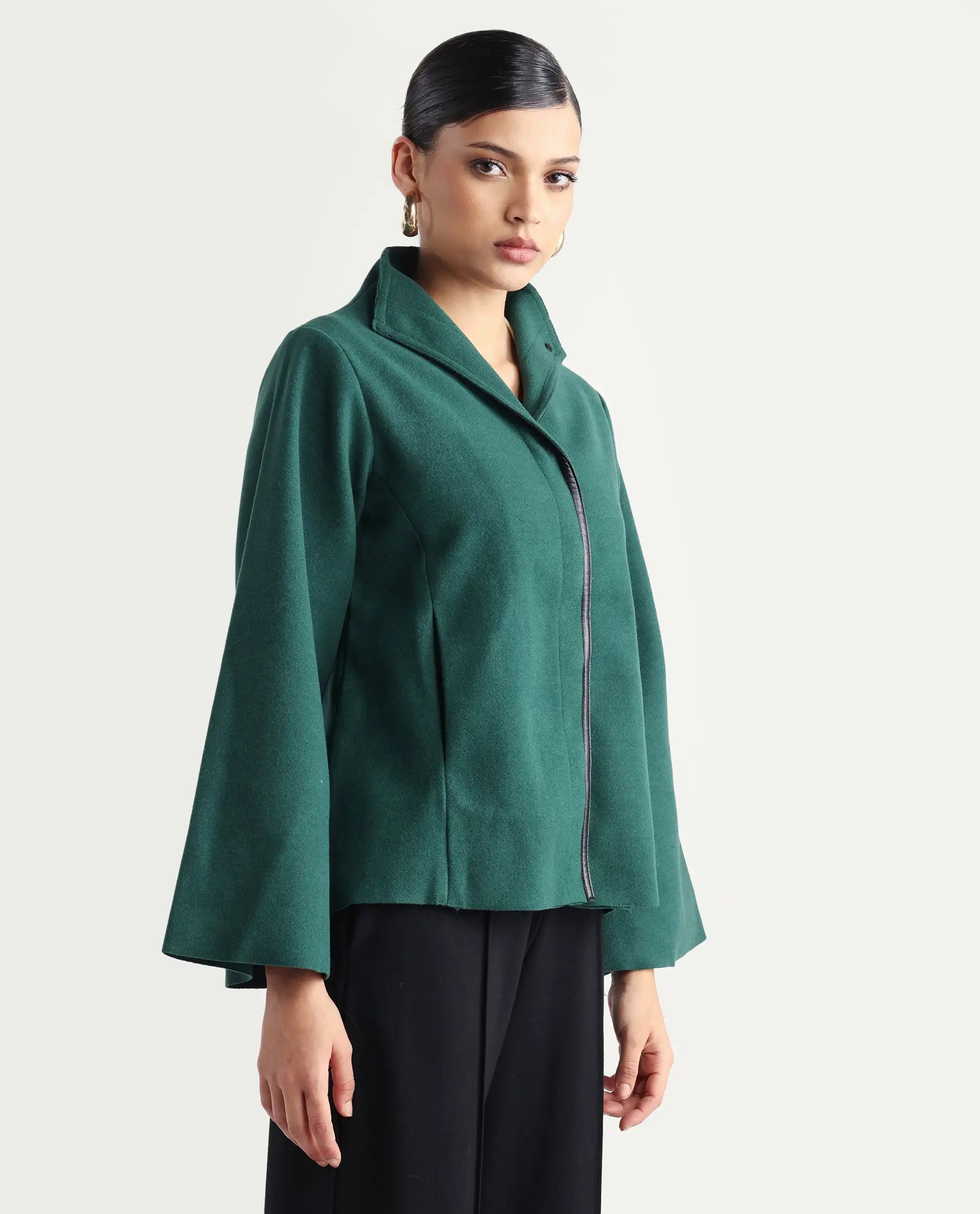 Rareism Women's Kraus Green Polyester High Neck Plain Bell Sleeve Regular Fit Jacket