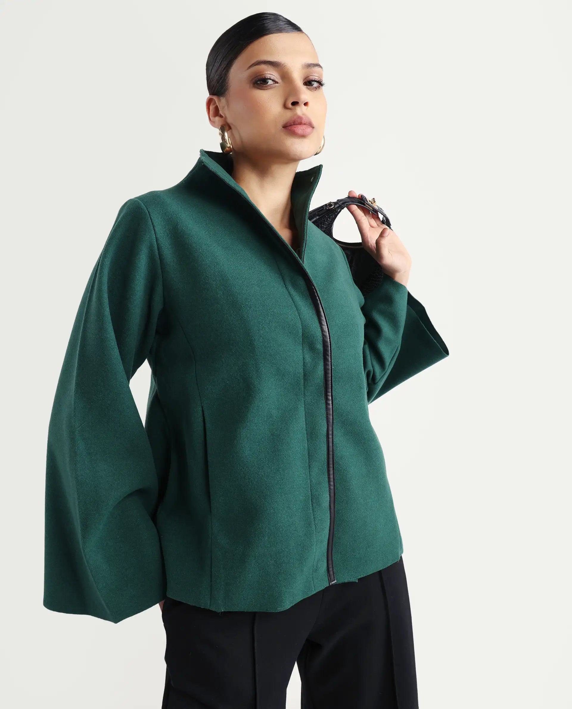 Rareism Women's Kraus Green Polyester High Neck Plain Bell Sleeve Regular Fit Jacket