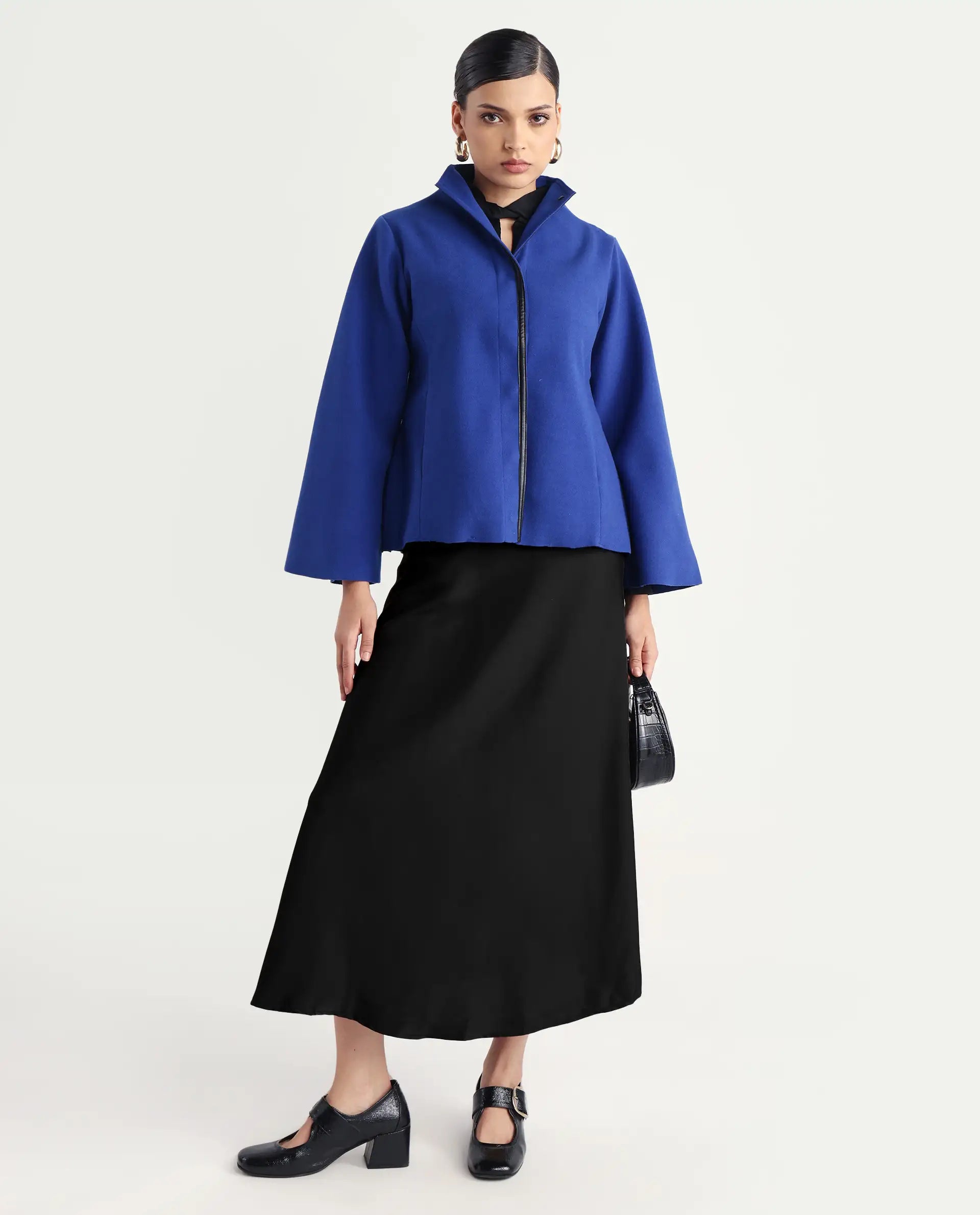 Rareism Women's Kraus Blue Polyester High Neck Plain Bell Sleeve Regular Fit Jacket