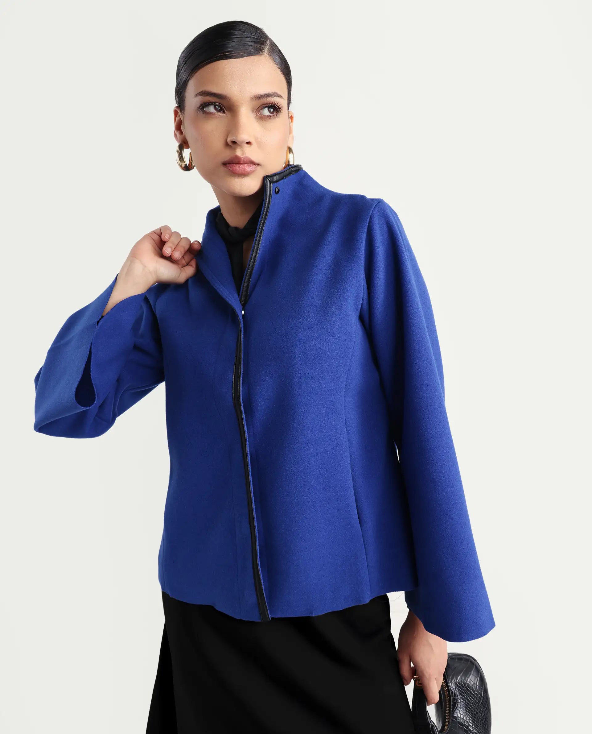 Rareism Women's Kraus Blue Polyester High Neck Plain Bell Sleeve Regular Fit Jacket