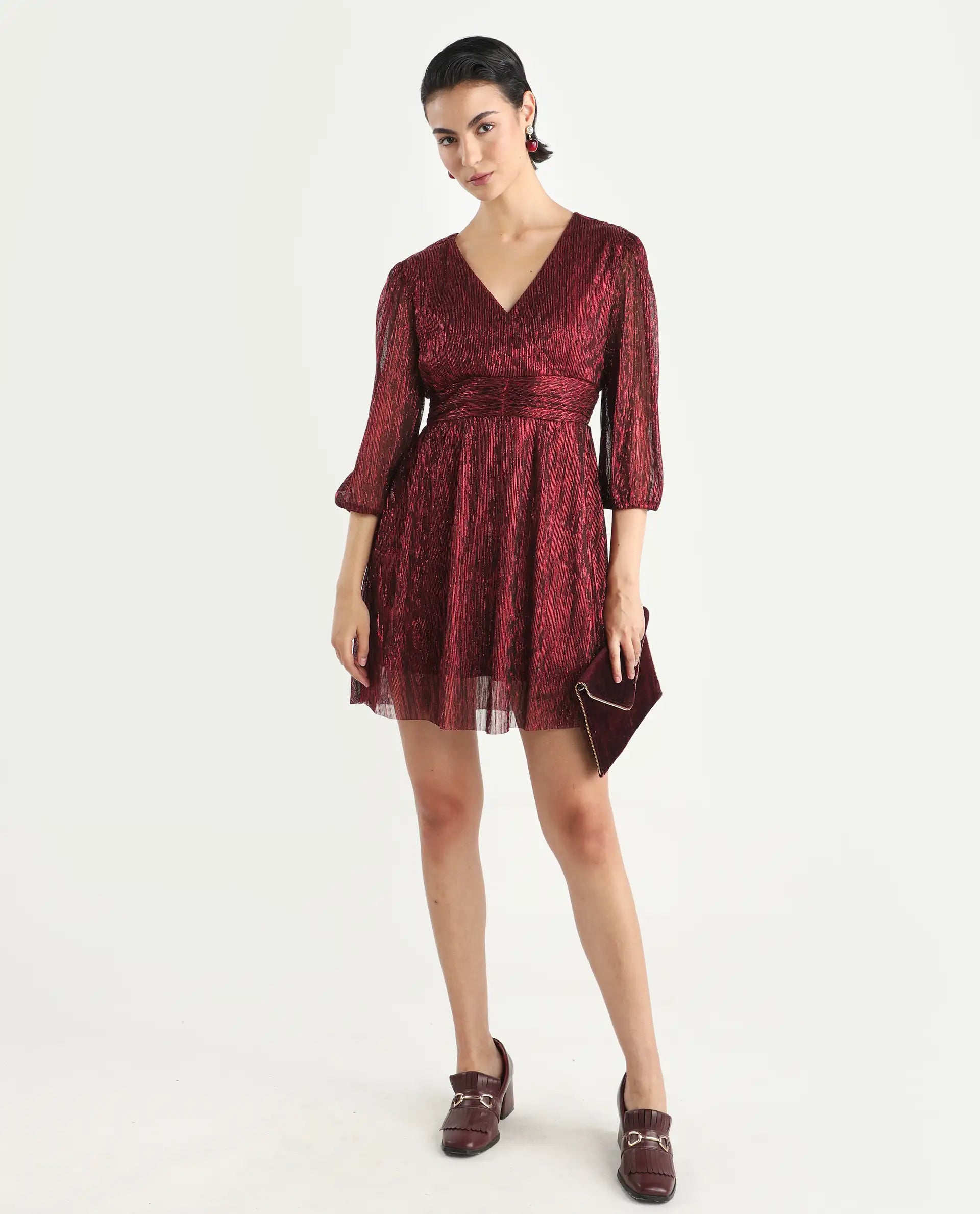 Rareism Women's Ravin Metalic Red Polyester Collarless Floral Print Balloon Sleeve Mini Fit And Flare Dress