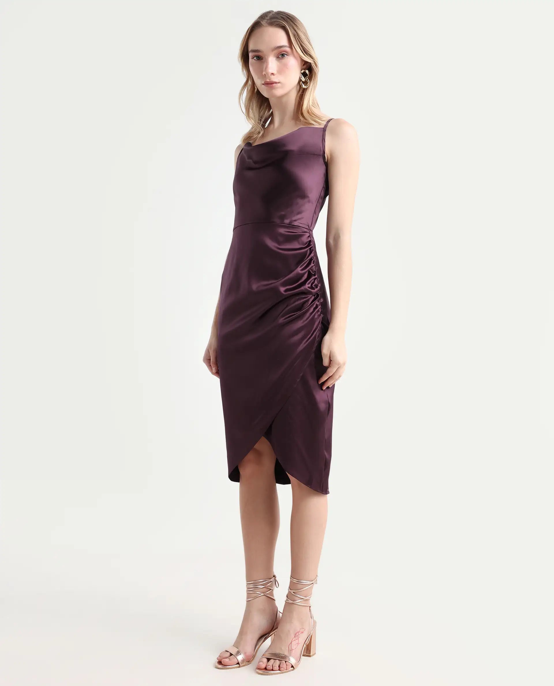 Rareism Women's Rilu Sheen Maroon Polyester Blend Cowl Neck Plain Shoulder Strap Knee Length Regular Fit Dress