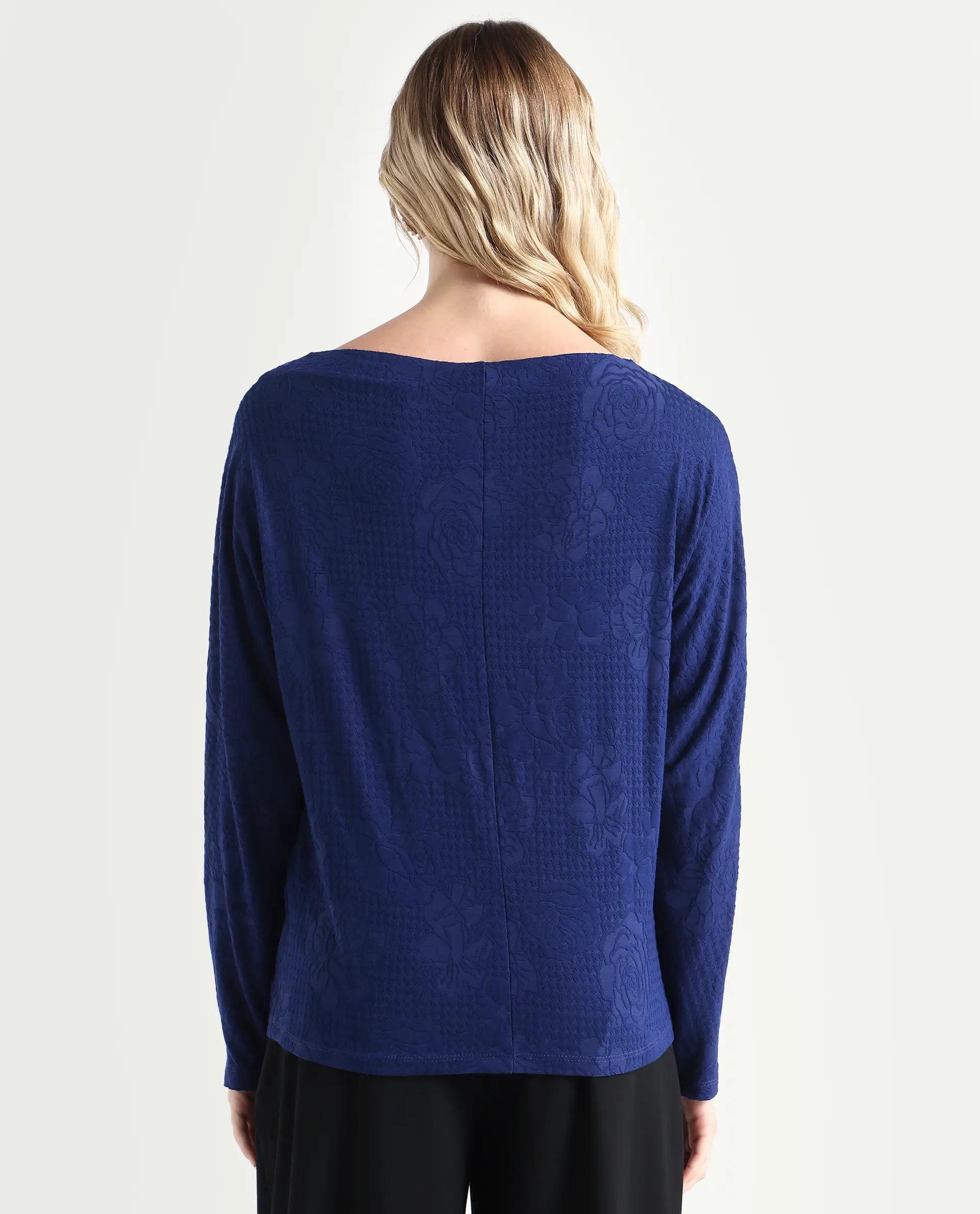 Rareism Women's Ingoz Navy Polyester Boat Neck Plain Relaxed Fit Top