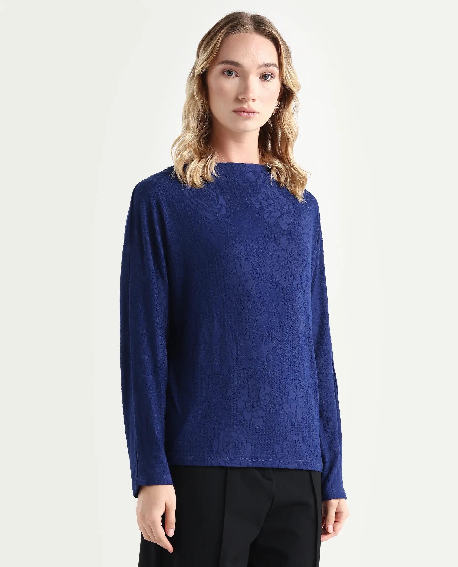 Rareism Women's Ingoz Navy Polyester Boat Neck Plain Relaxed Fit Top
