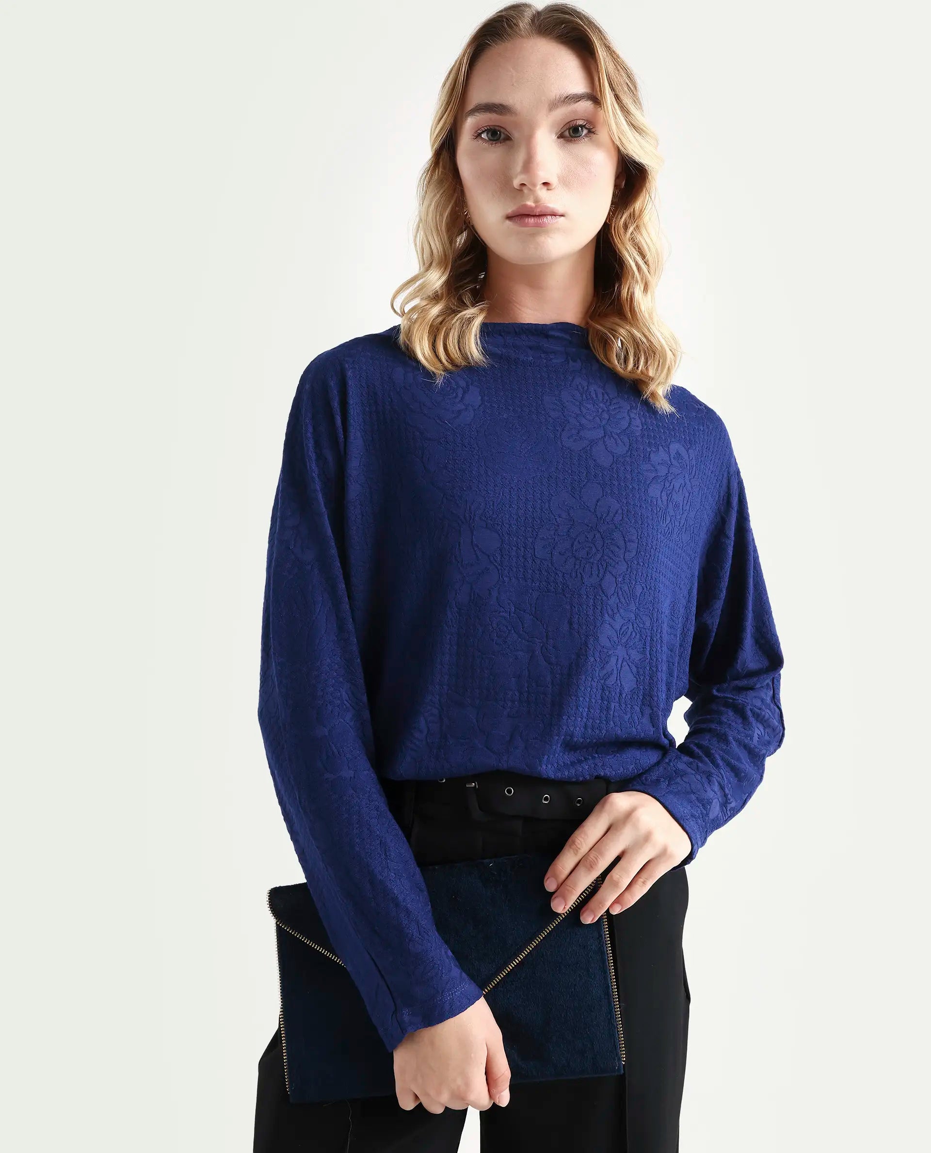 Rareism Women's Ingoz Navy Polyester Boat Neck Plain Relaxed Fit Top