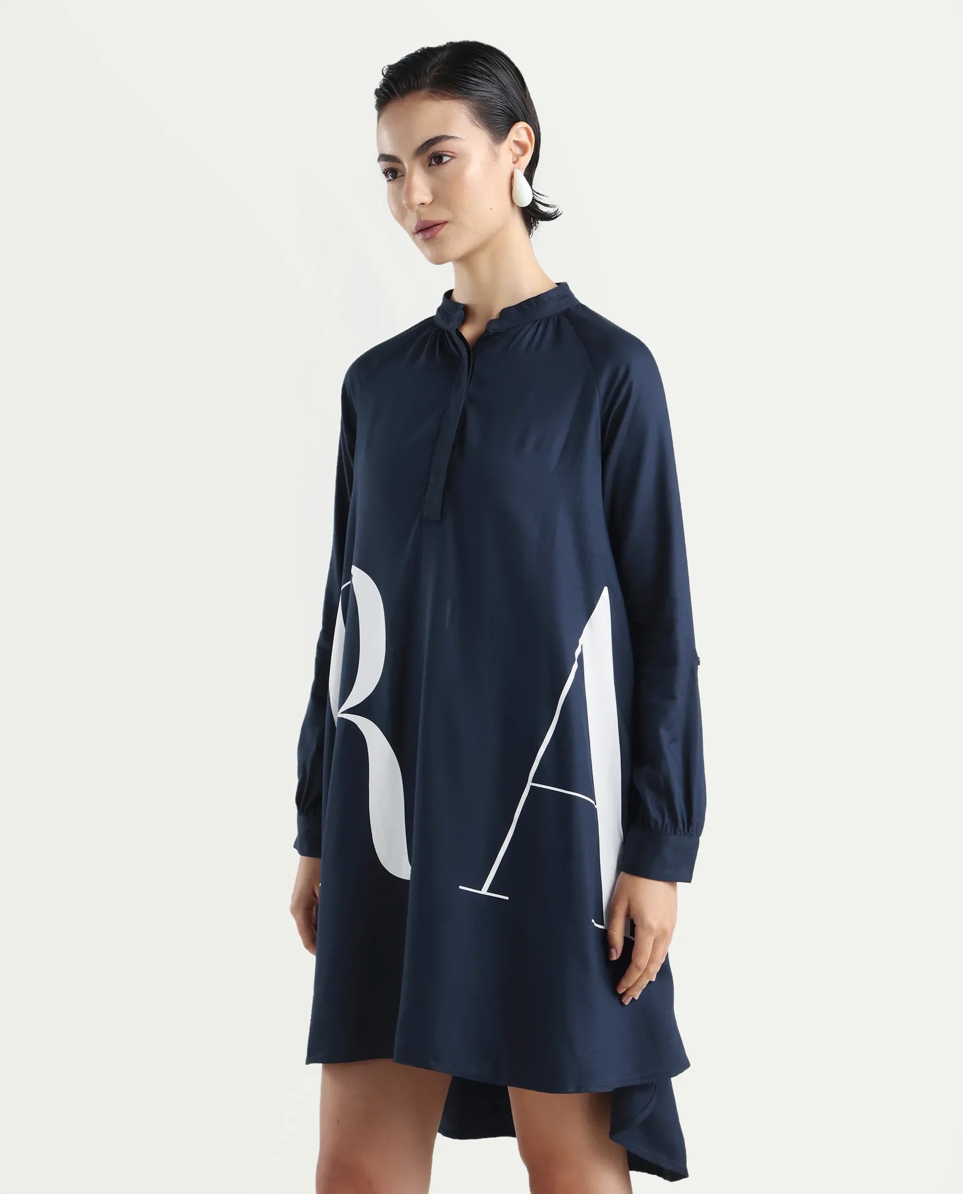 Rareism Women's Leor Dark Blue Tencel Mandarin Collar Graphic Print Mini A-Line Dress