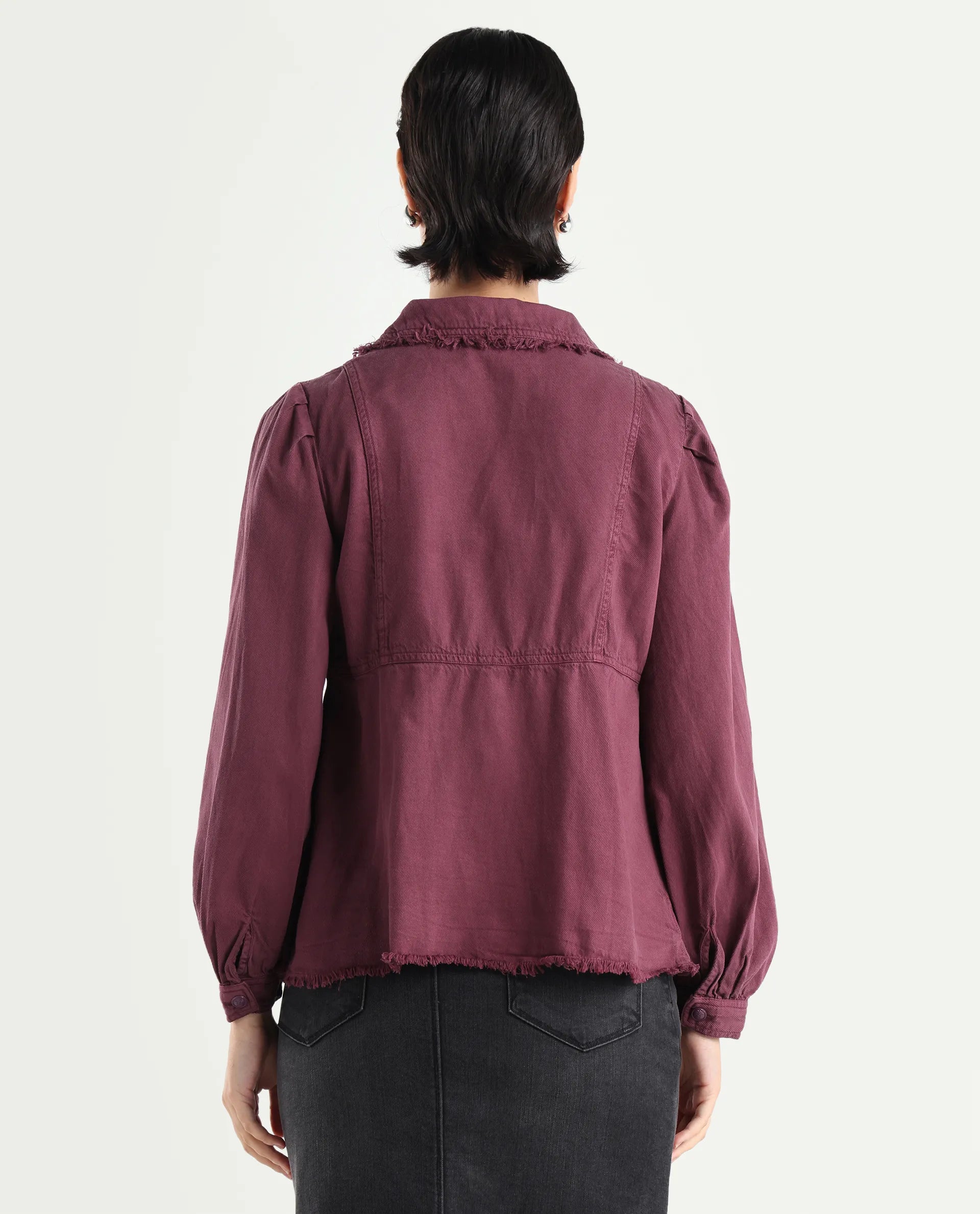 Rareism Women's Reism Dark Maroon Cotton Blend Lapel Neck Plain Boxy Fit Shrug