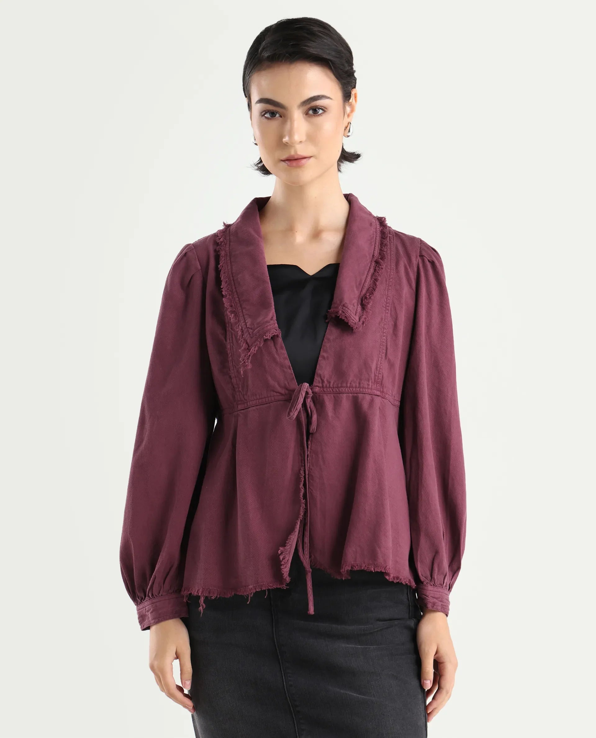 Rareism Women's Reism Dark Maroon Cotton Blend Lapel Neck Plain Boxy Fit Shrug