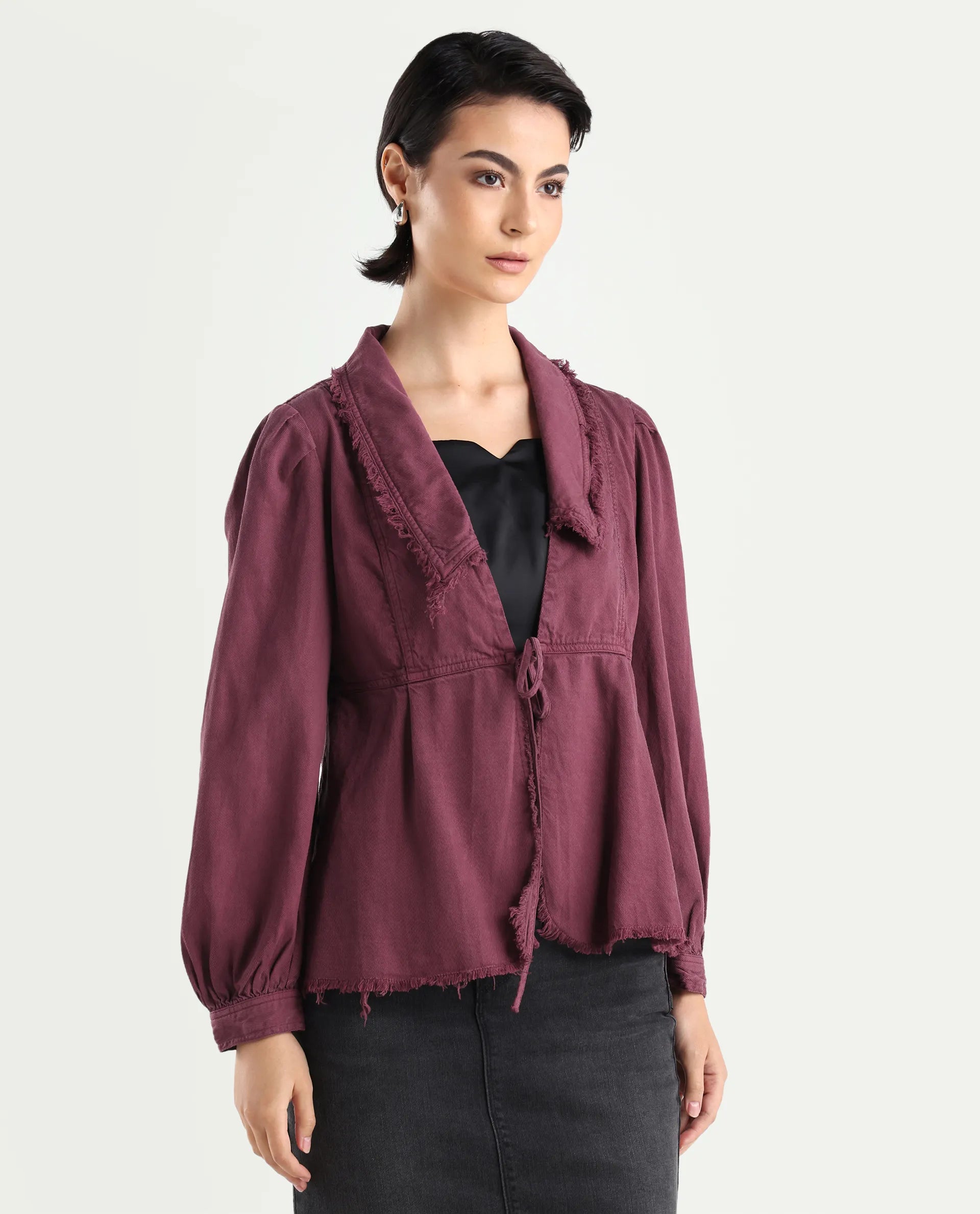 Rareism Women's Reism Dark Maroon Cotton Blend Lapel Neck Plain Boxy Fit Shrug
