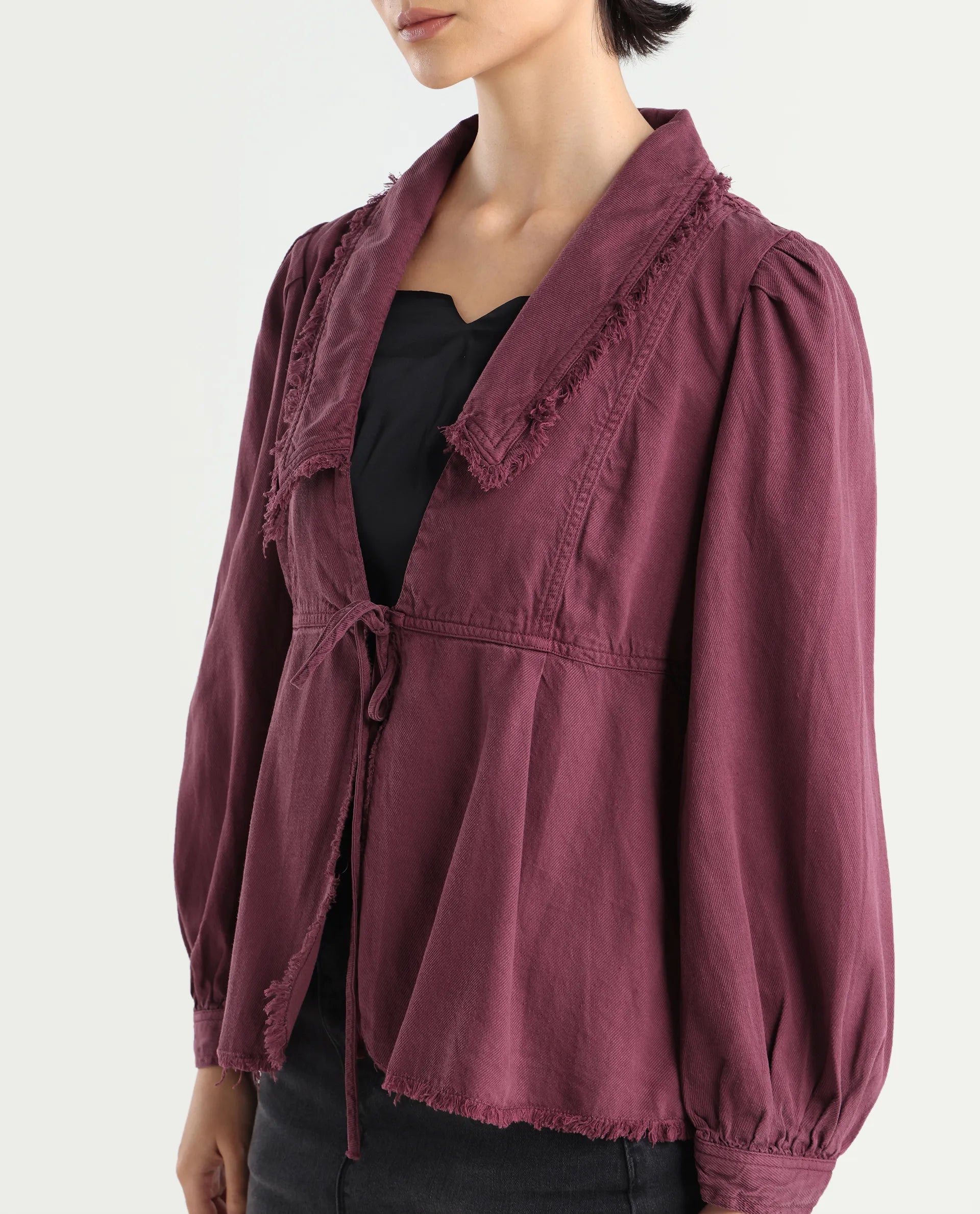 Rareism Women's Reism Dark Maroon Cotton Blend Lapel Neck Plain Boxy Fit Shrug