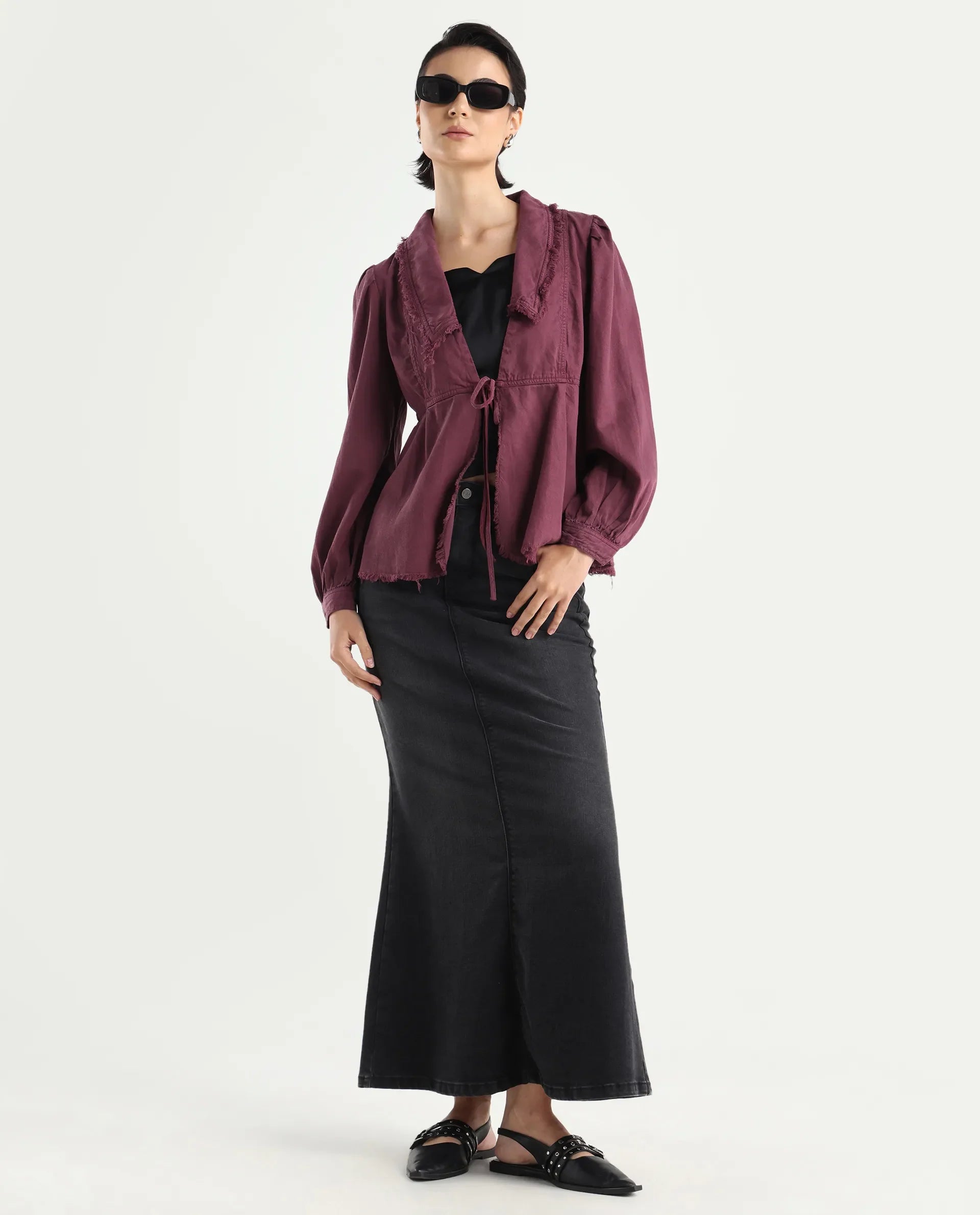 Rareism Women's Reism Dark Maroon Cotton Blend Lapel Neck Plain Boxy Fit Shrug