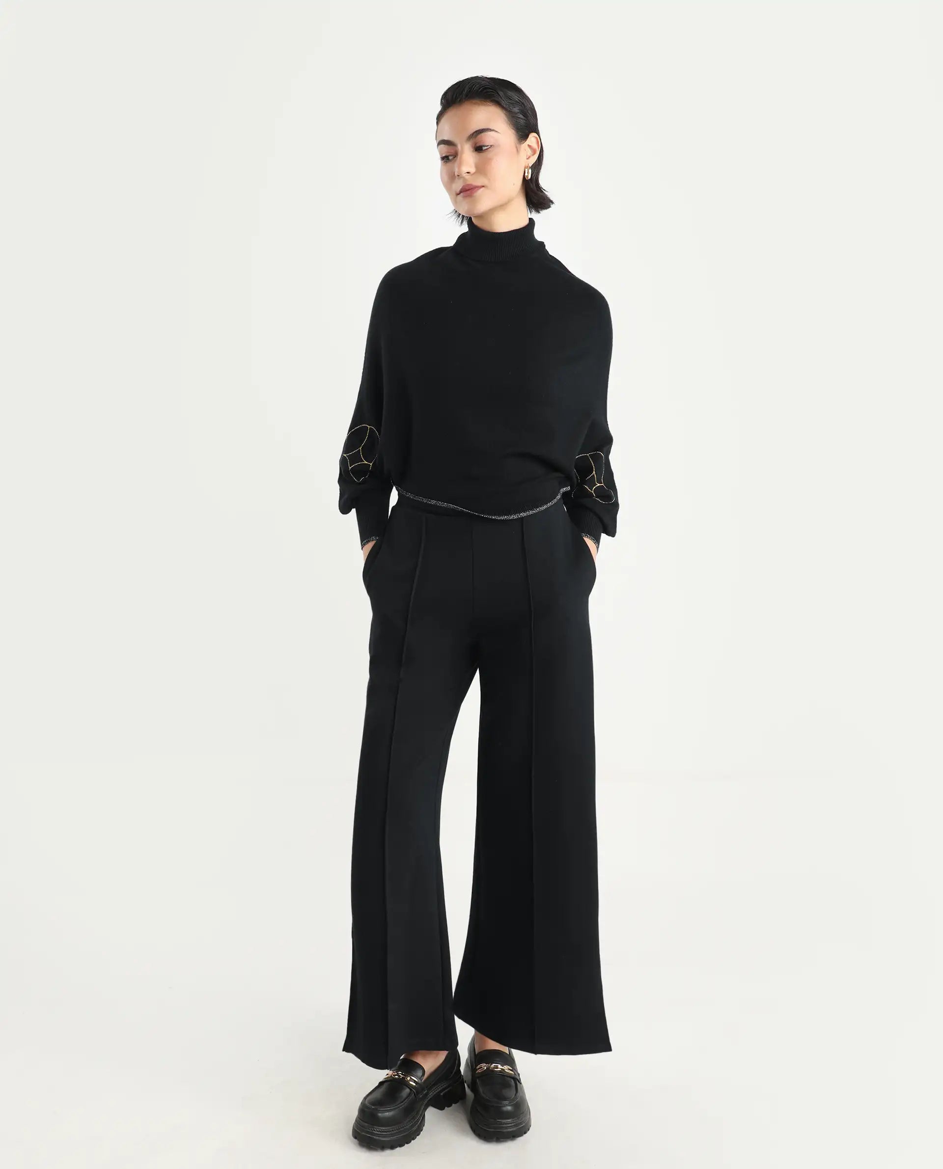 Rareism Women's Sabel Black Viscose Turtle Neck Plain Kimono Sleeve Crop Relaxed Fit Sweater