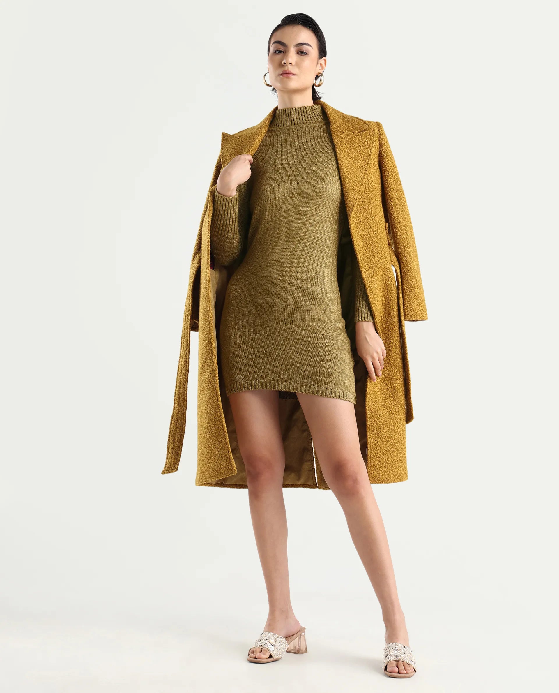 Rareism Women's Nach Gold Acrylic High Neck Plain Knee Length Regular Fit Sweater