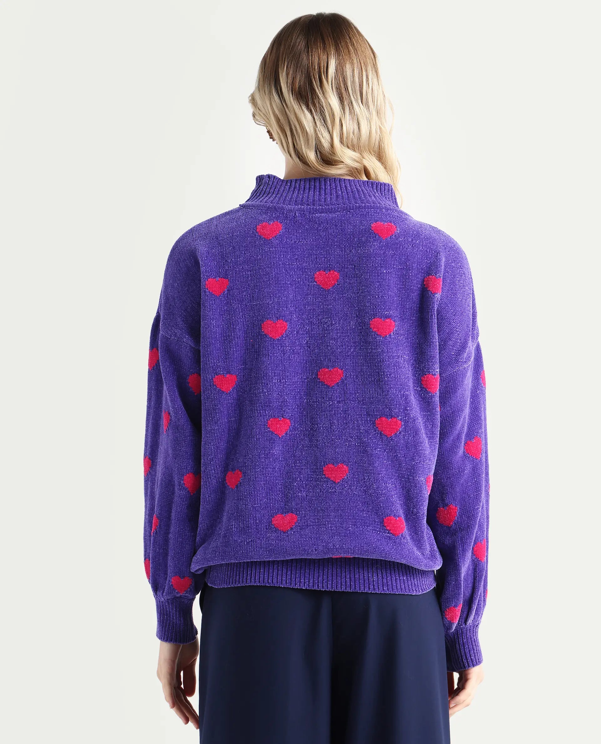 Rareism Women's Kuhre Purple Polyester High Neck Color Block Balloon Sleeve Regular Fit Sweater