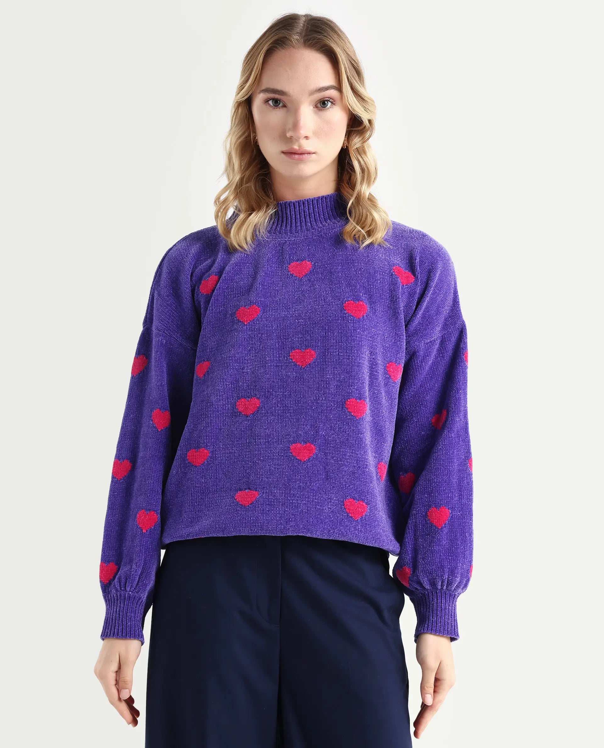 Rareism Women's Kuhre Purple Polyester High Neck Color Block Balloon Sleeve Regular Fit Sweater