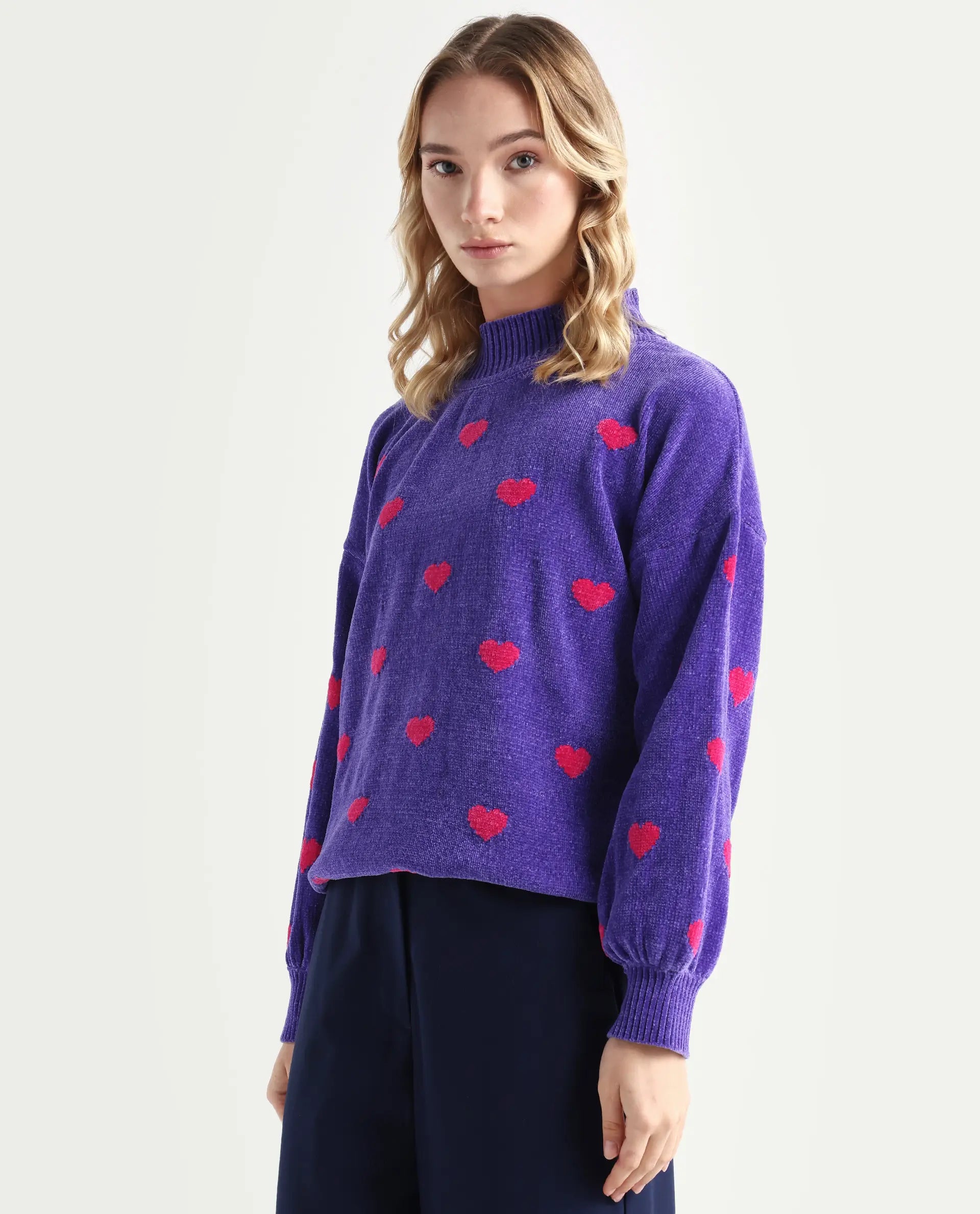 Rareism Women's Kuhre Purple Polyester High Neck Color Block Balloon Sleeve Regular Fit Sweater