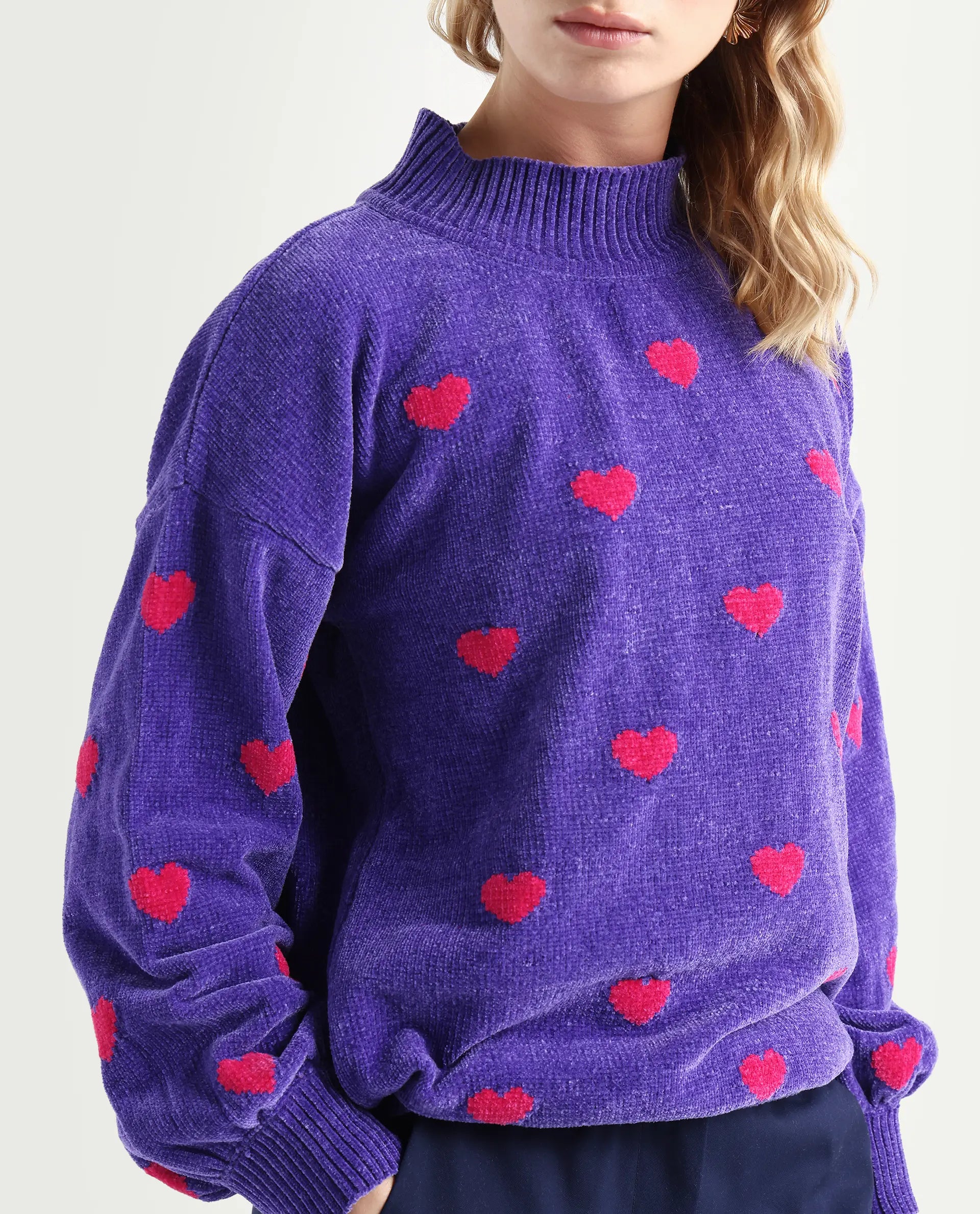 Rareism Women's Kuhre Purple Polyester High Neck Color Block Balloon Sleeve Regular Fit Sweater