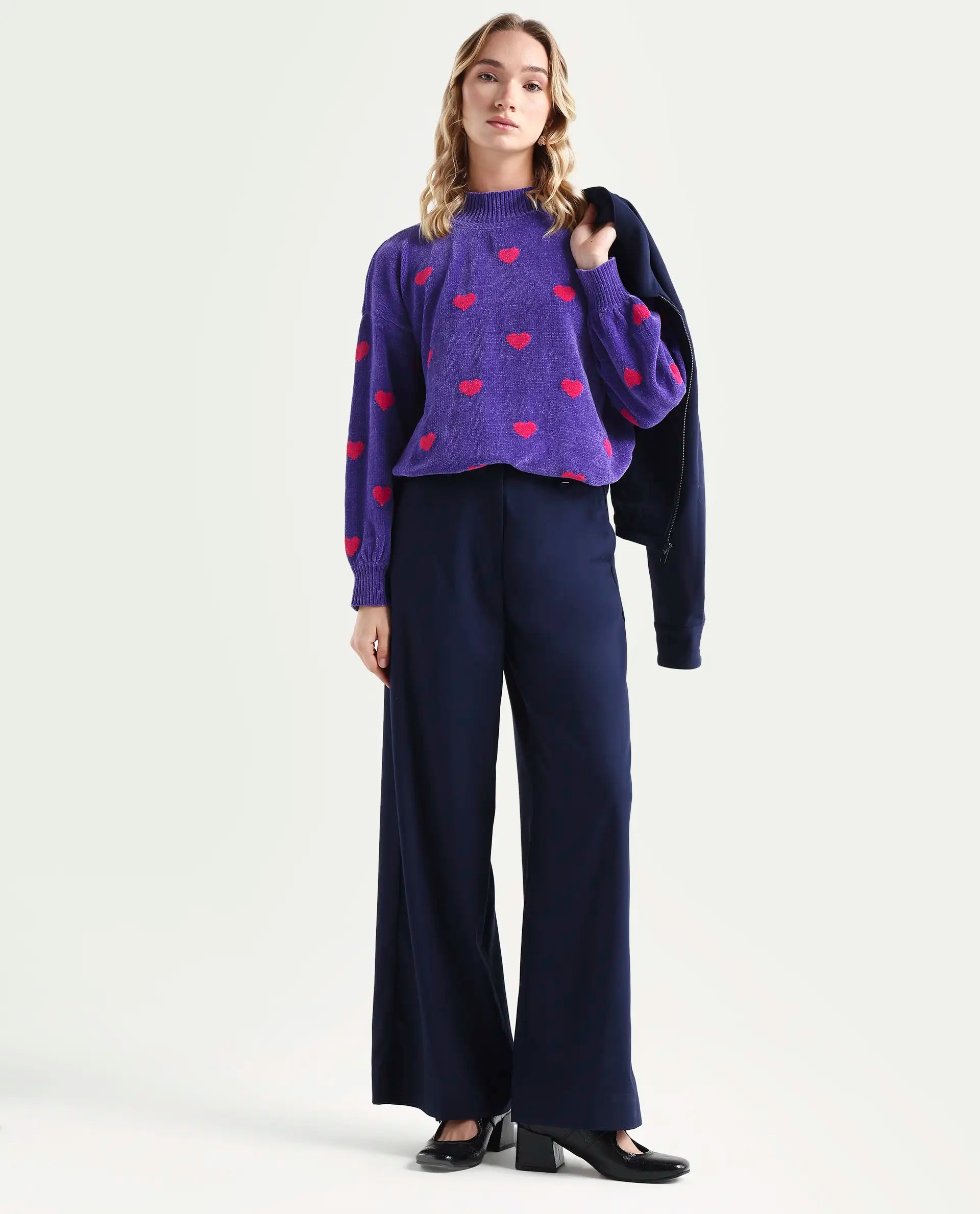 Rareism Women's Kuhre Purple Polyester High Neck Color Block Balloon Sleeve Regular Fit Sweater