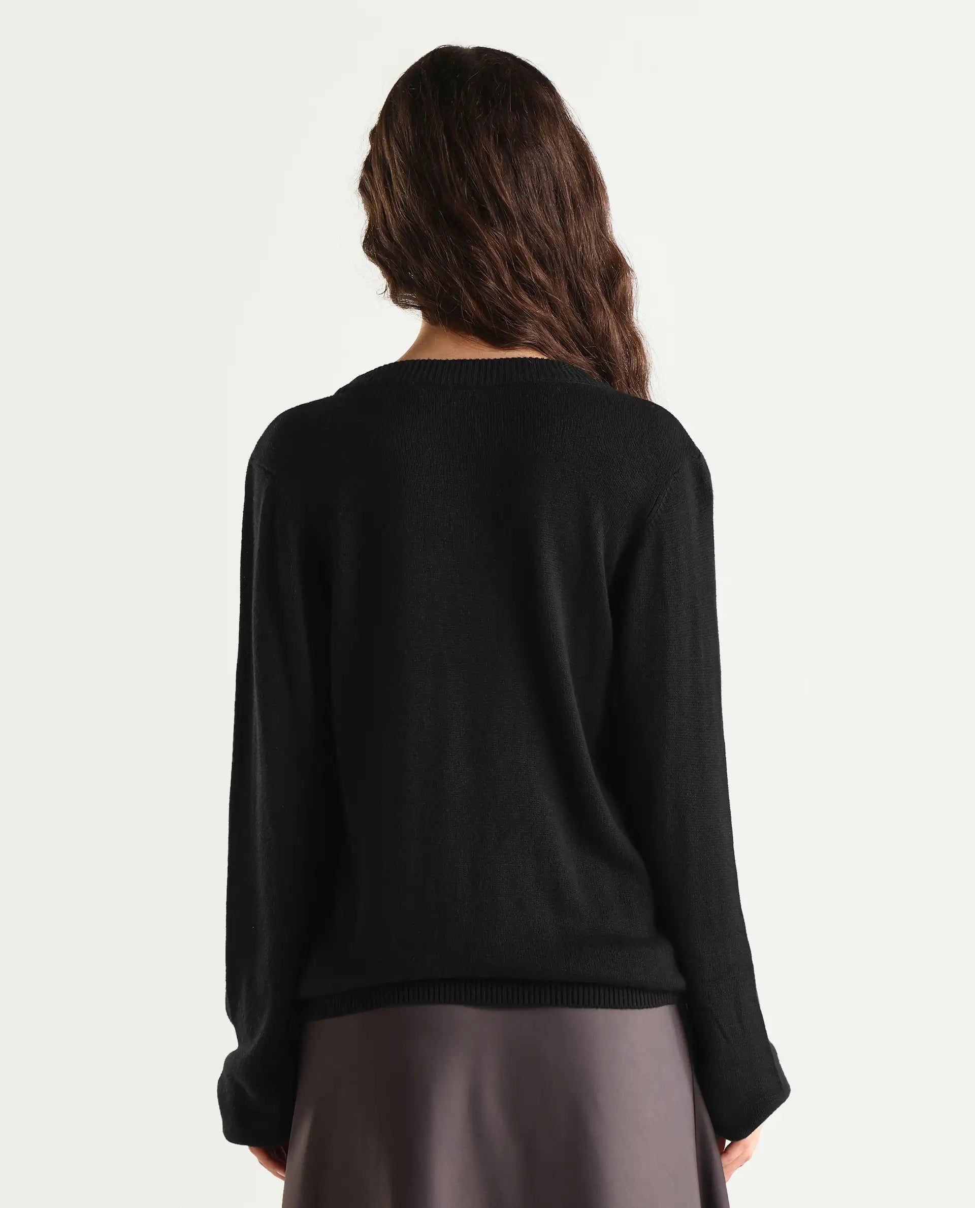 Rareism Women's Junich Black Viscose Crew Neck Embellished Regular Fit Sweater