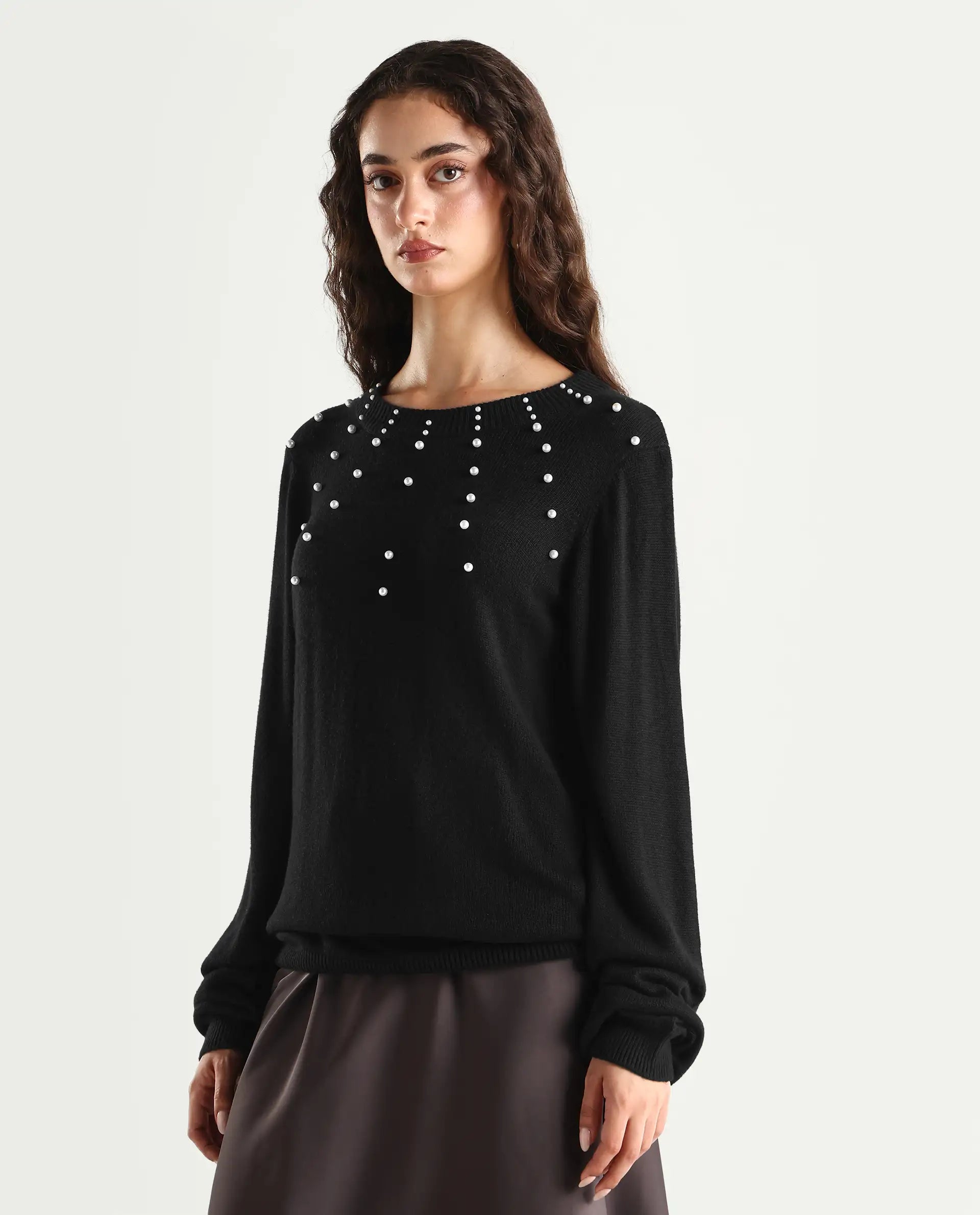 Rareism Women's Junich Black Viscose Crew Neck Embellished Regular Fit Sweater