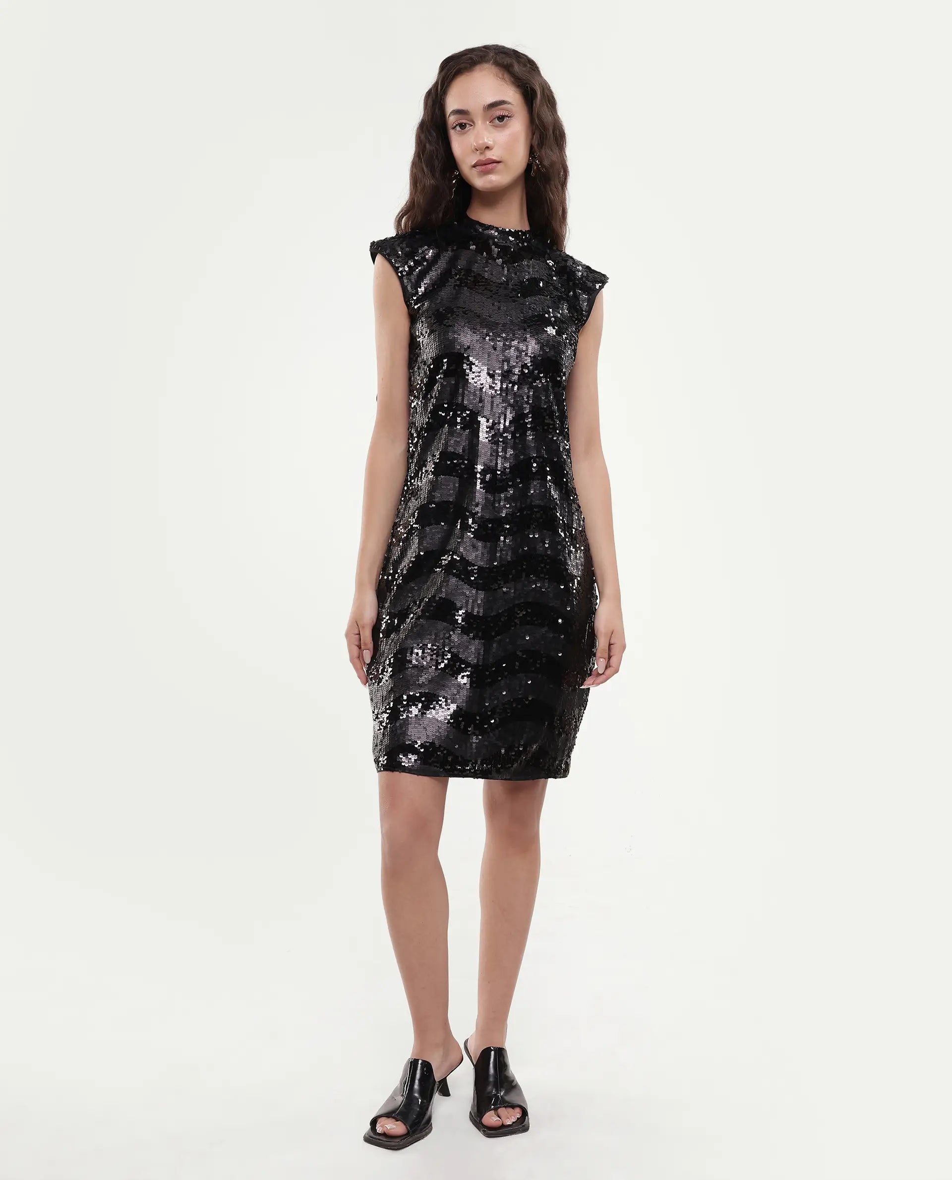 sheen black dress Muchica Women's Elegant High-End Black Satin Sheen Pleated Front Slit Slip Dress