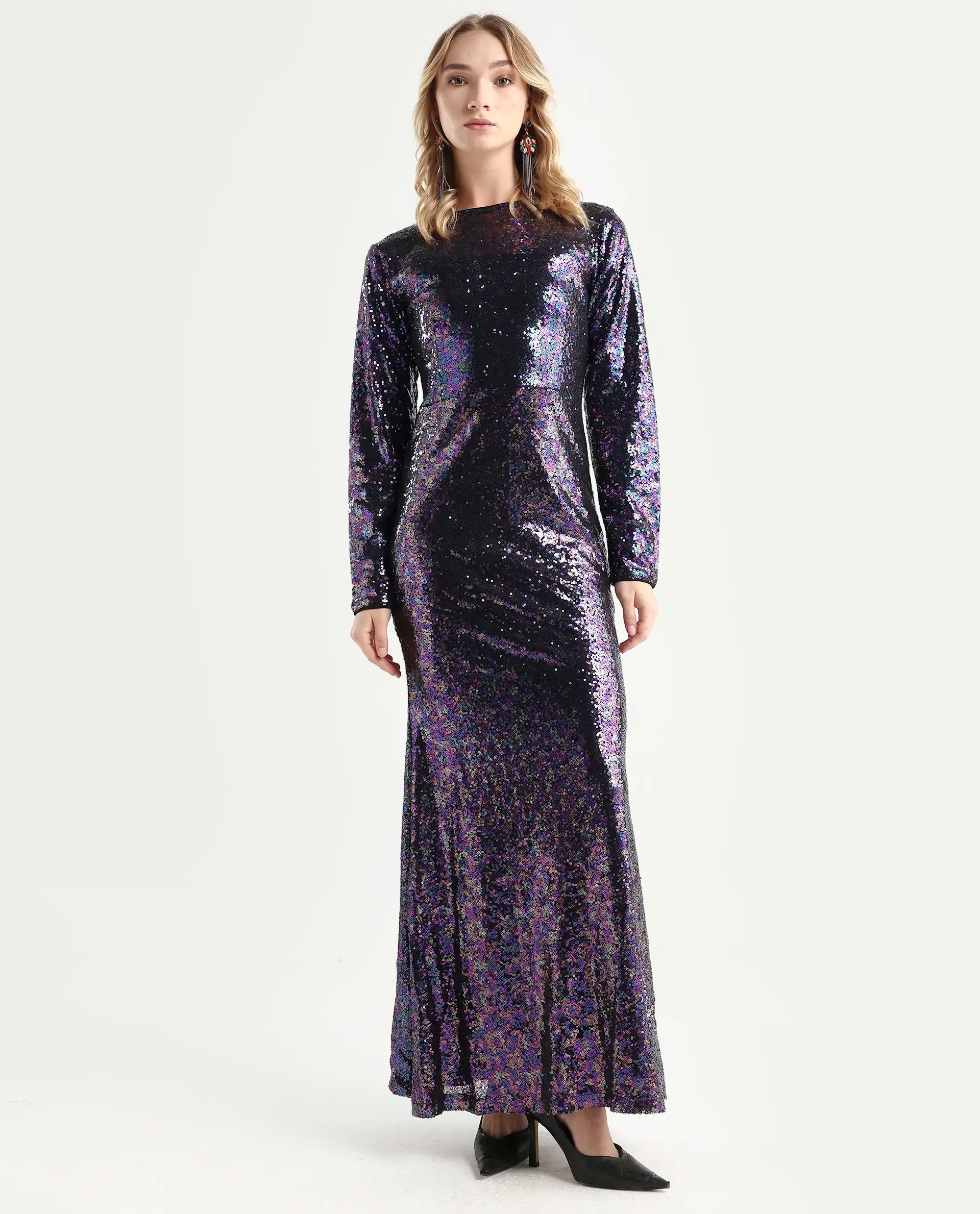 Rareism Women's Caltese Sheen Blue Polyester Boat Neck Sequined Maxi Regular Fit Dress