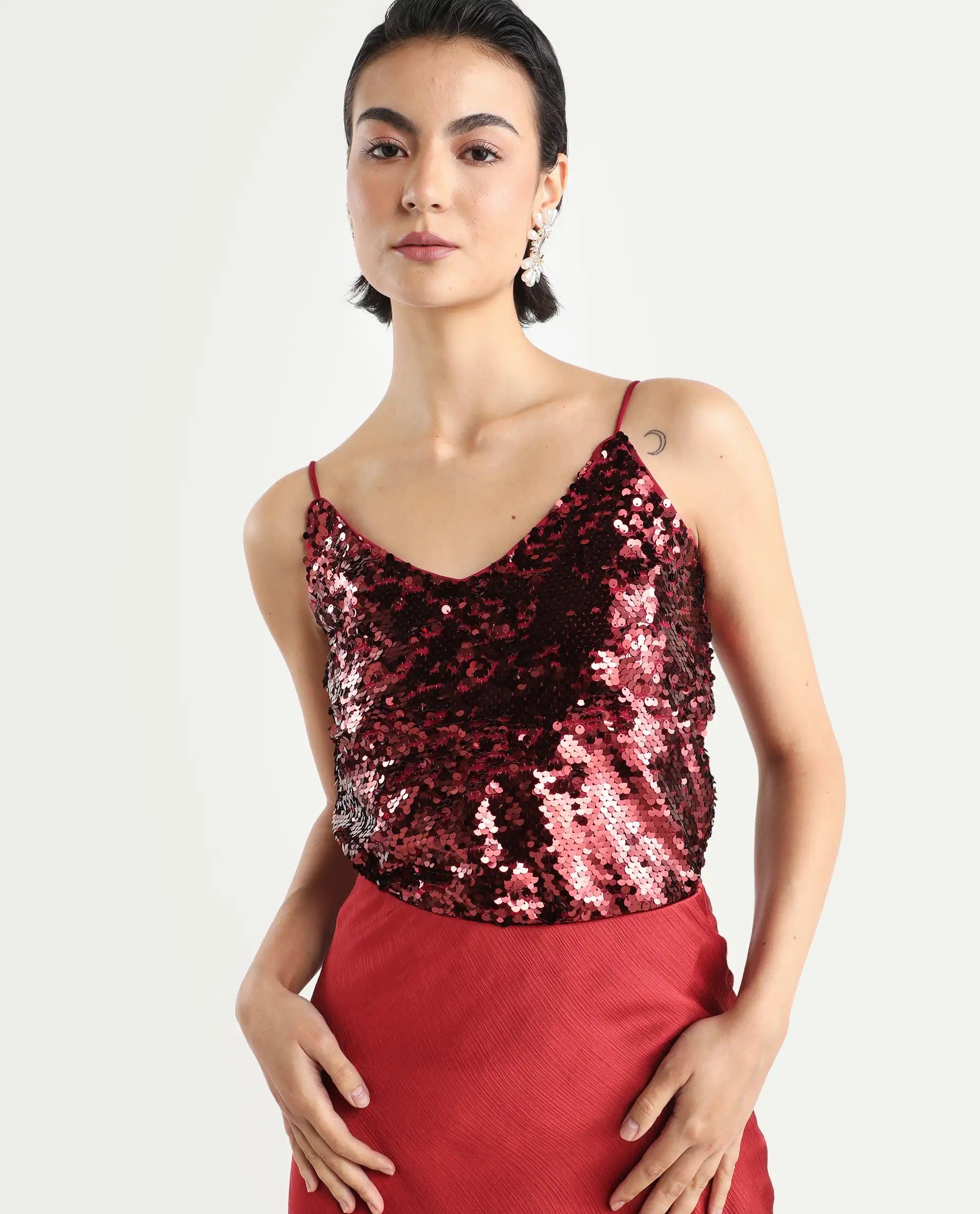 Rareism Women's Lilo Sheen Red Polyester V-Neck Sequined Shoulder Strap Regular Fit Top