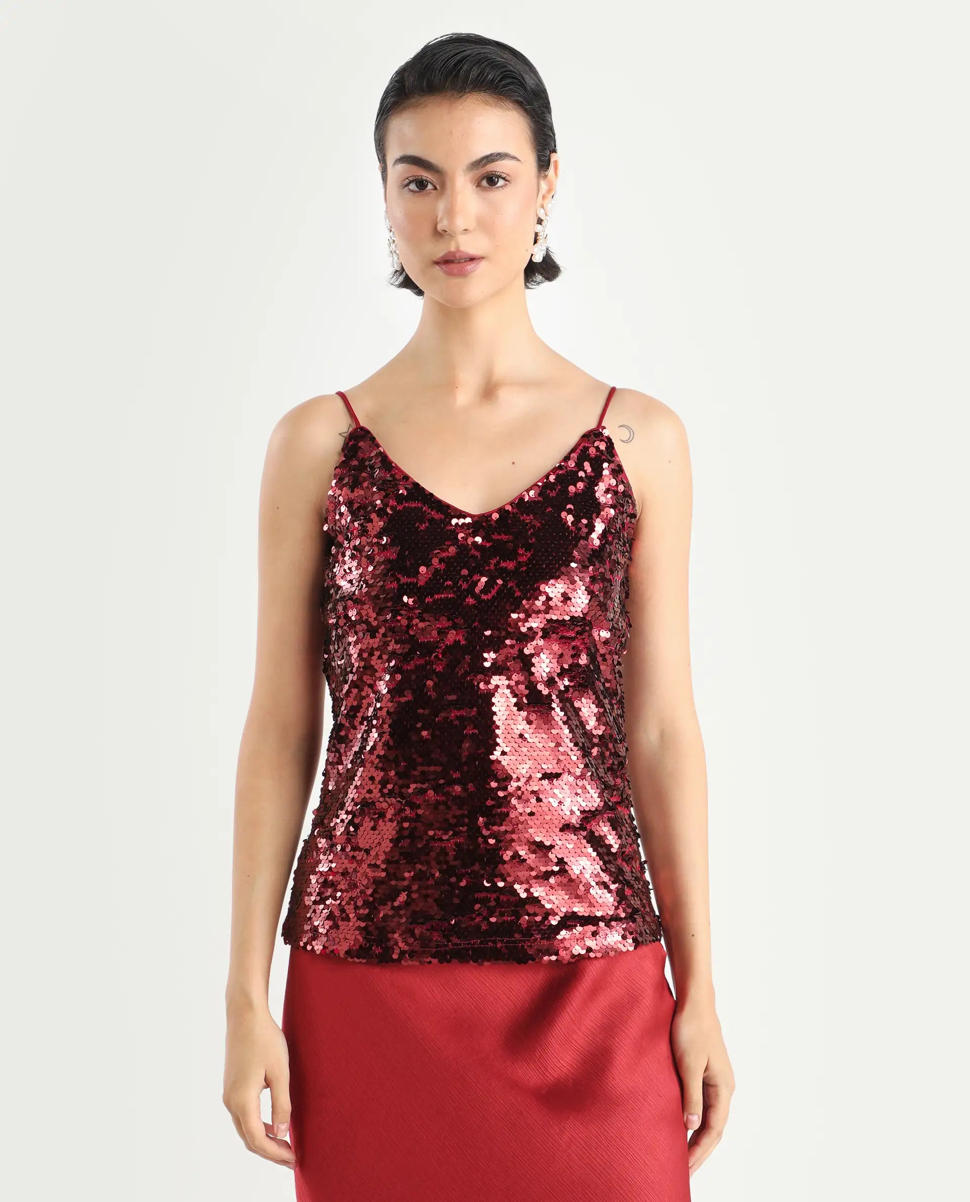 Rareism Women's Lilo Sheen Red Polyester V-Neck Sequined Shoulder Strap Regular Fit Top