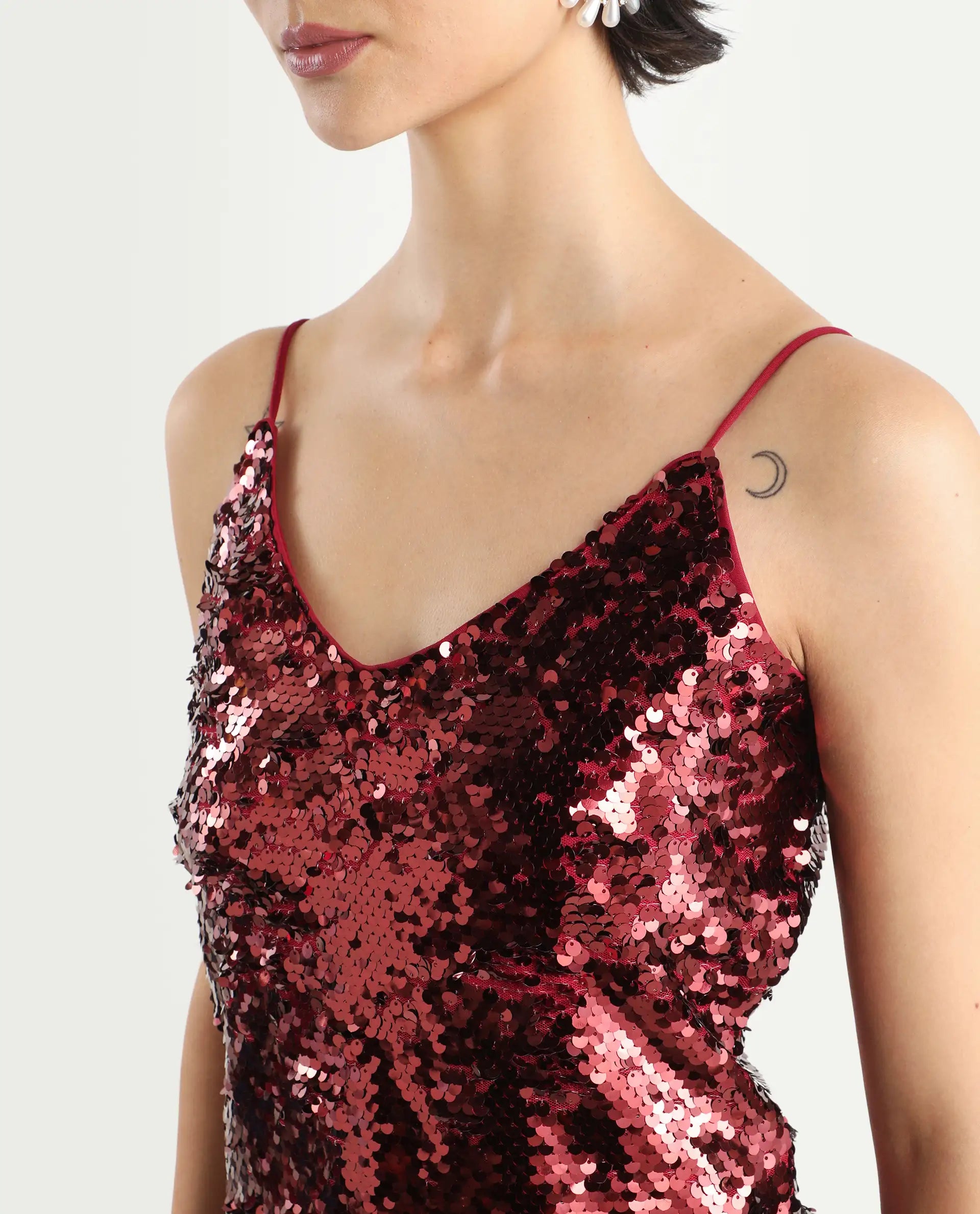 Rareism Women's Lilo Sheen Red Polyester V-Neck Sequined Shoulder Strap Regular Fit Top