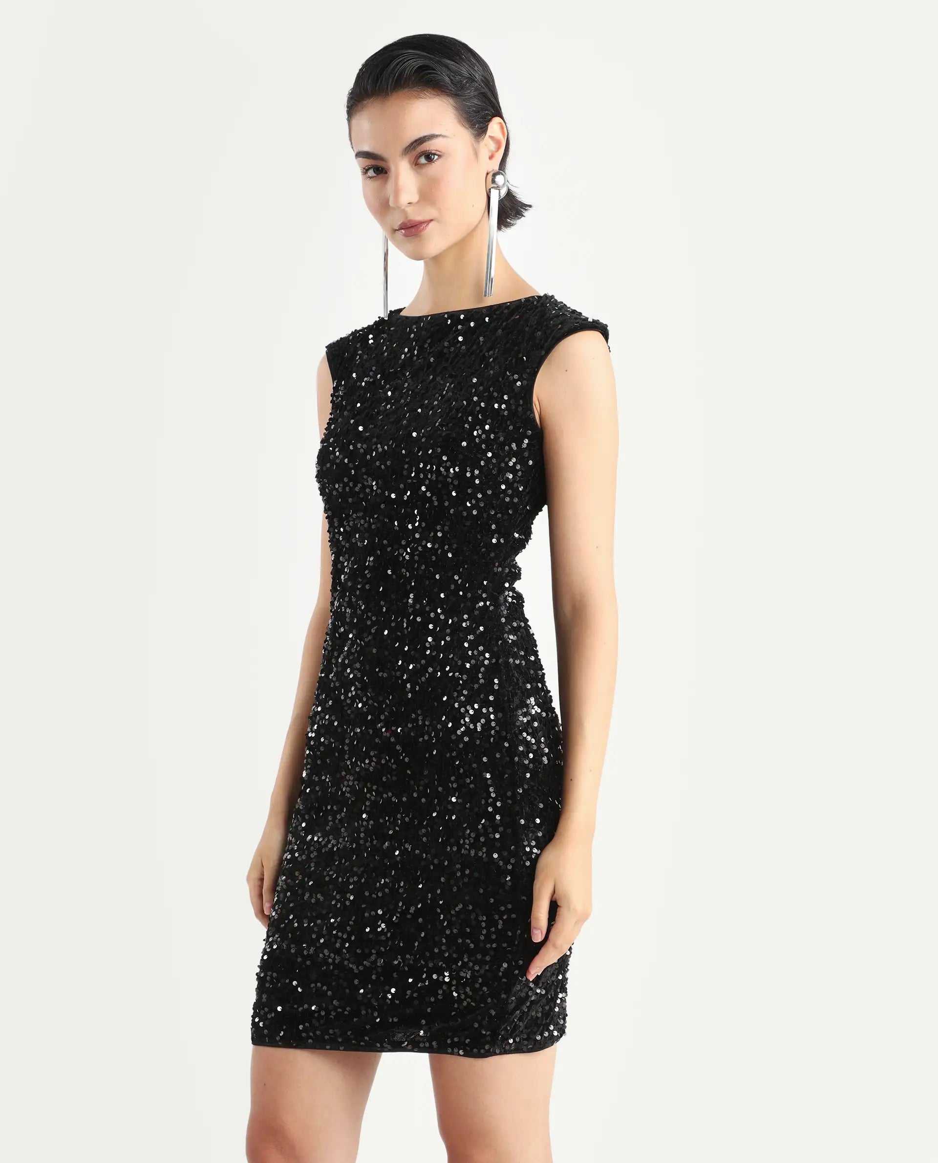 Rareism Women's Mulan Sheen Black Polyester Crew Neck Sequined Extended Sleeves Mini Regular Fit Dress