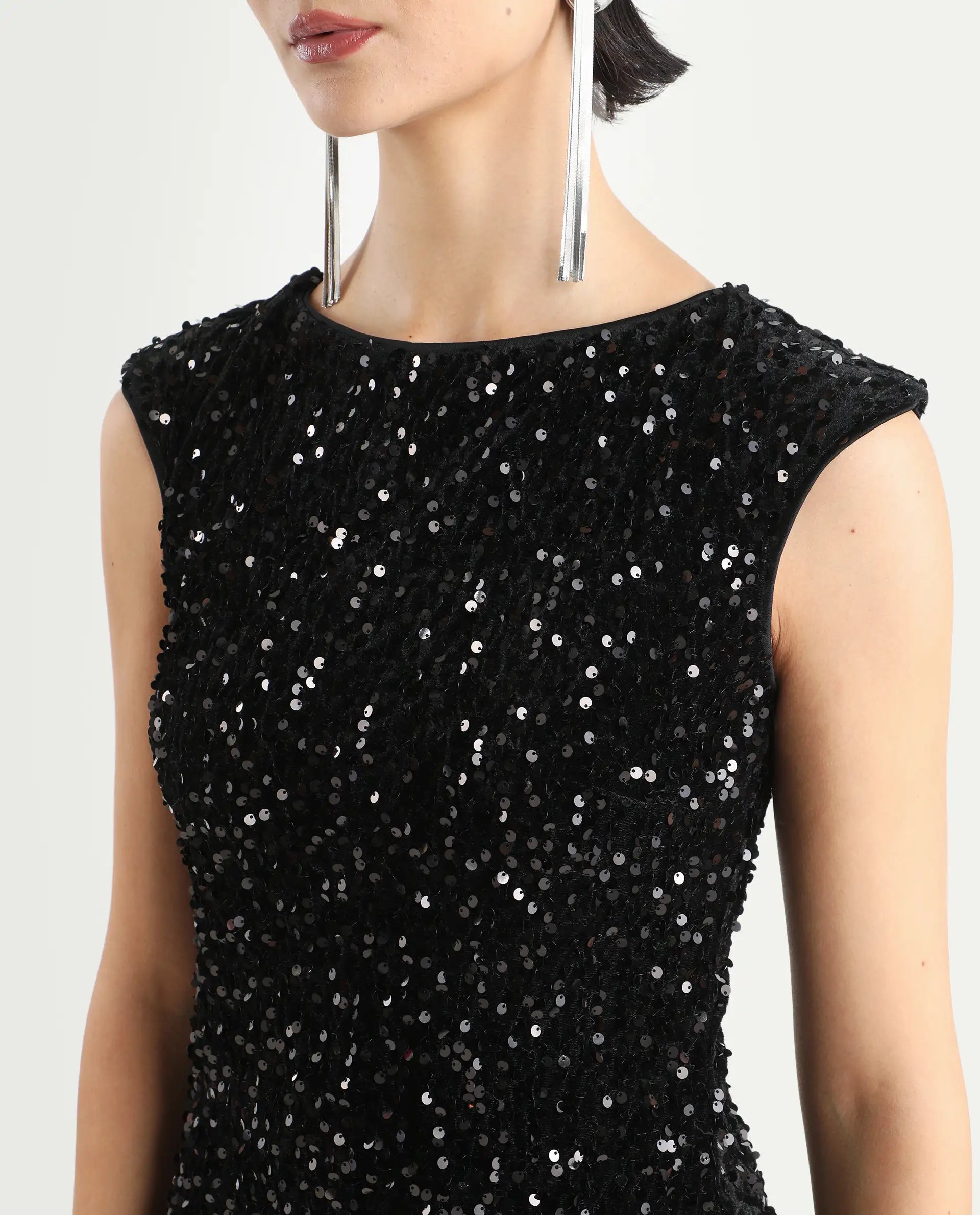 Rareism Women's Mulan Sheen Black Polyester Crew Neck Sequined Extended Sleeves Mini Regular Fit Dress