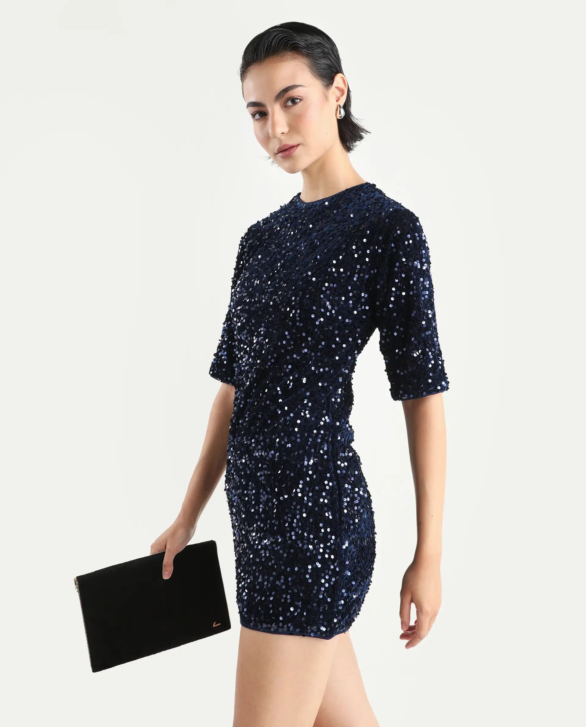 Rareism Women's Tiana Sheen Blue Polyester Crew Neck Sequined Mini A-Line Dress
