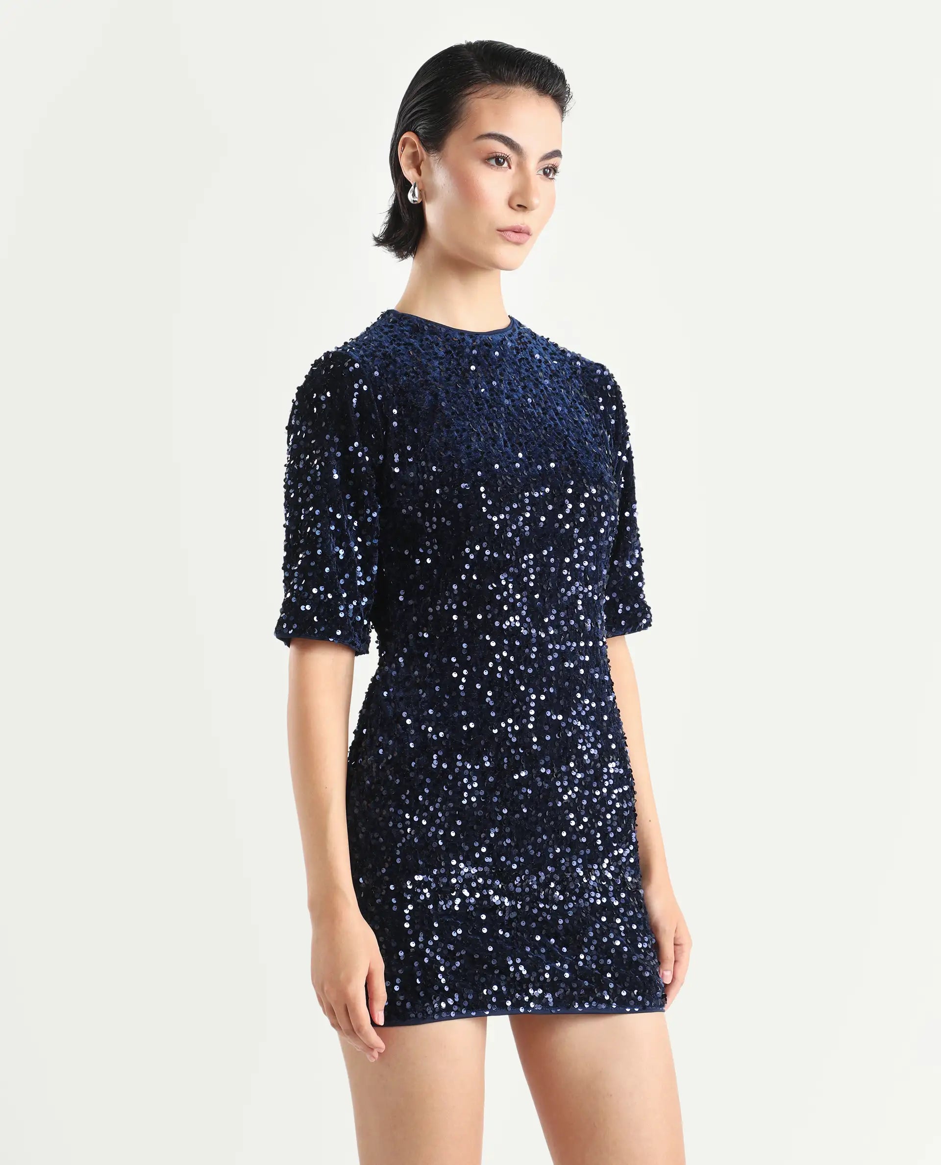 Rareism Women's Tiana Sheen Blue Polyester Crew Neck Sequined Mini A-Line Dress