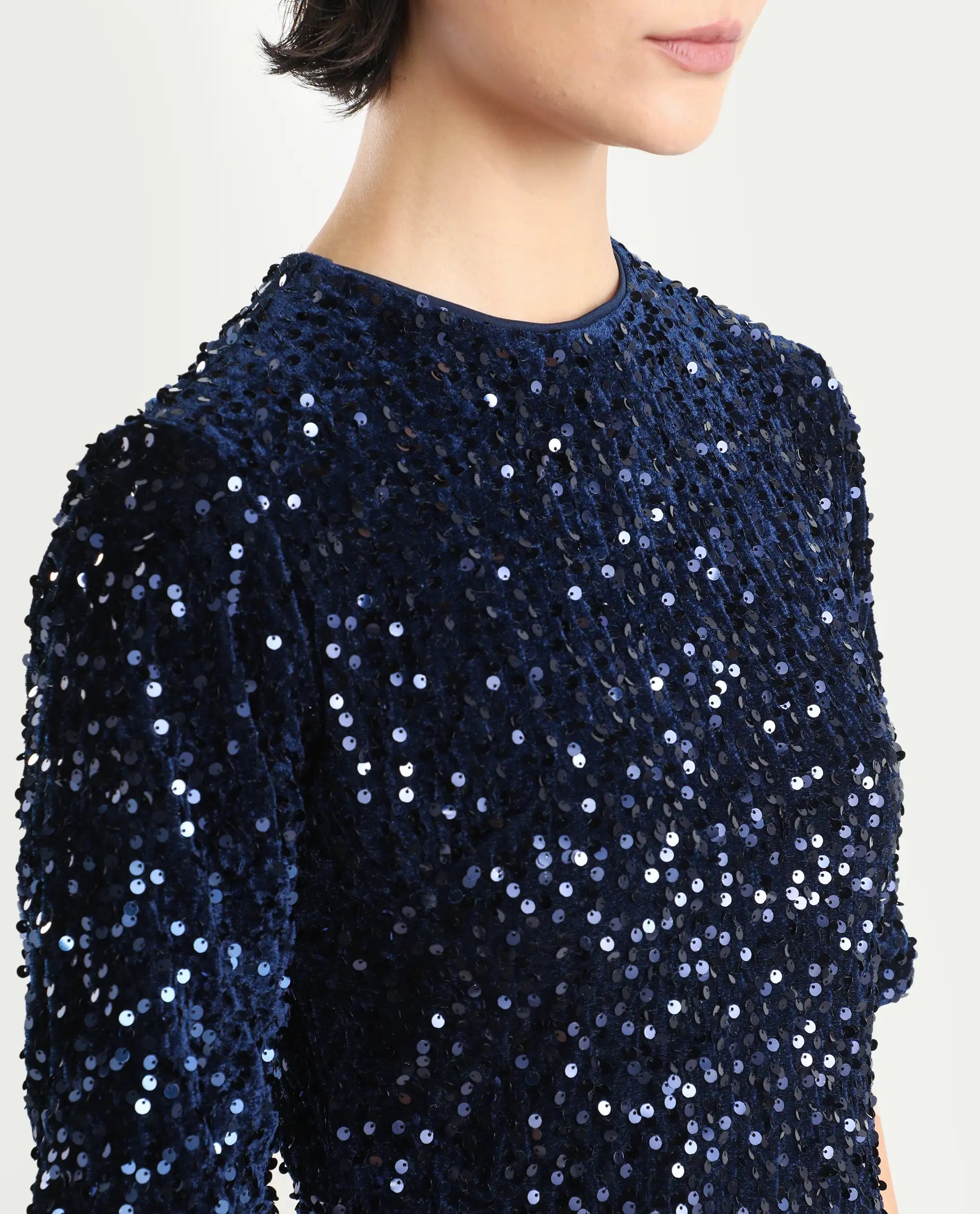 Rareism Women's Tiana Sheen Blue Polyester Crew Neck Sequined Mini A-Line Dress