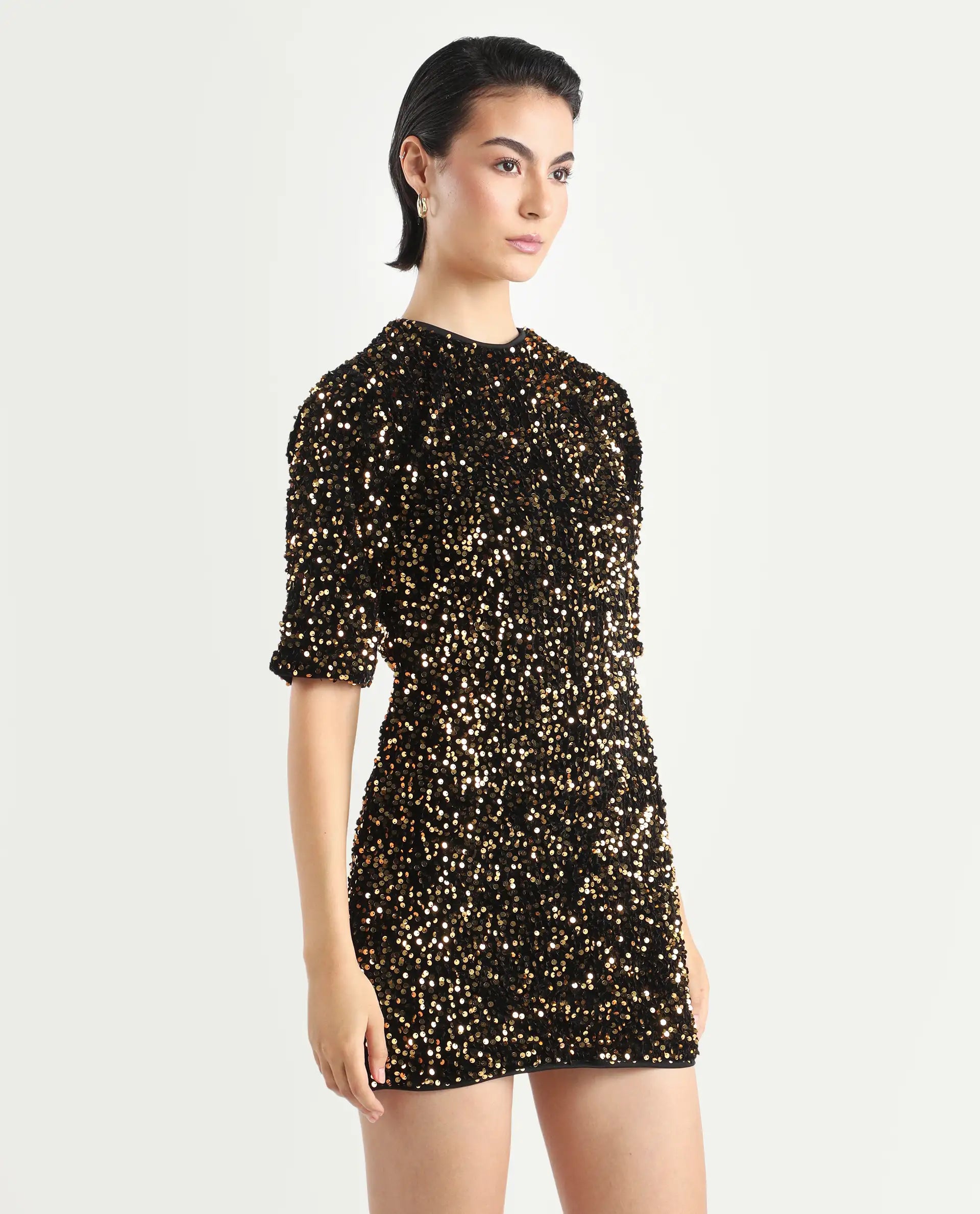 Rareism Women's Tiana Sheen Gold Polyester Crew Neck Sequined Mini A-Line Dress