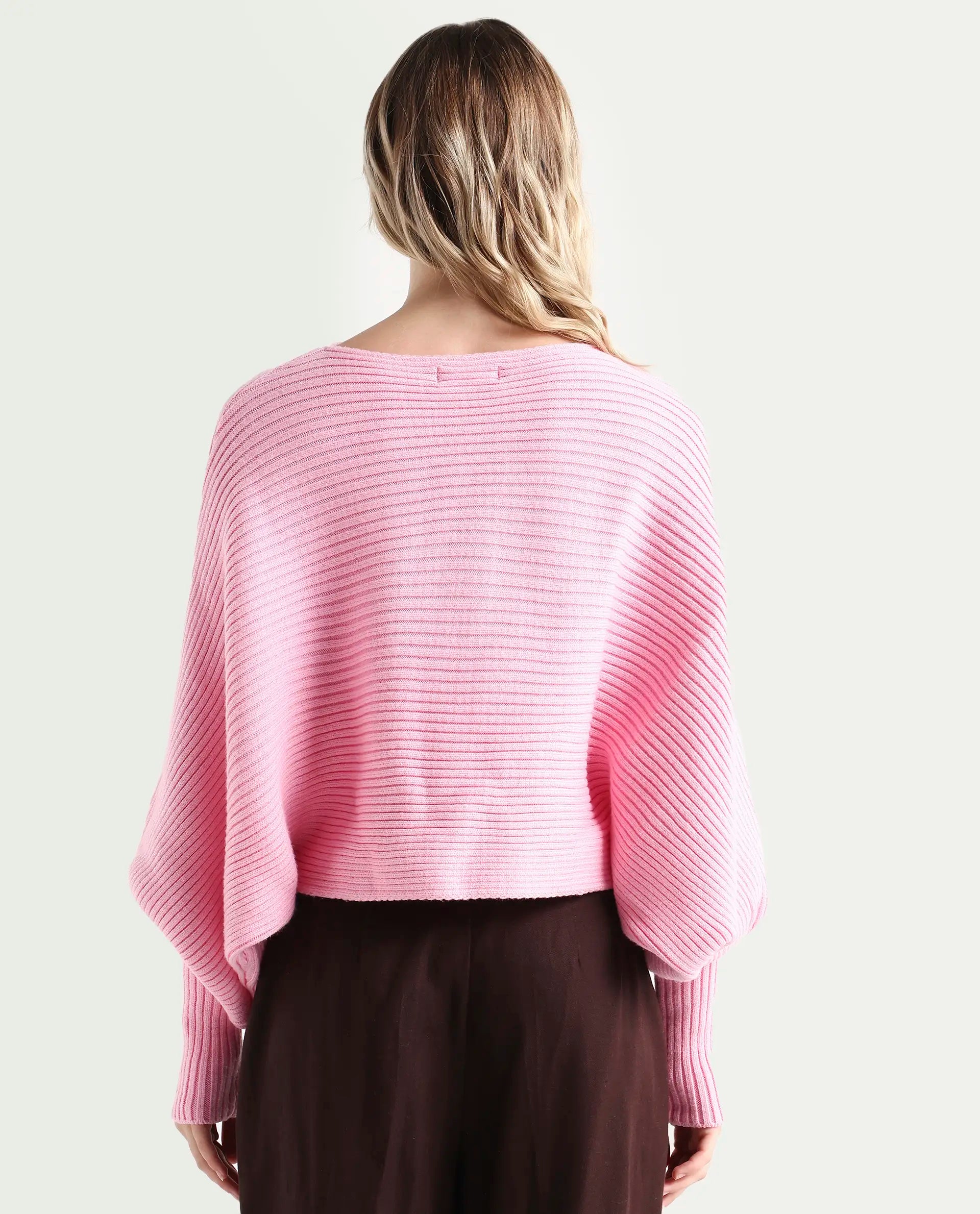 Rareism Women's Blaire Light Pink Viscose Blend Crew Neck Plain Bishop Sleeve Crop Relaxed Fit Sweater