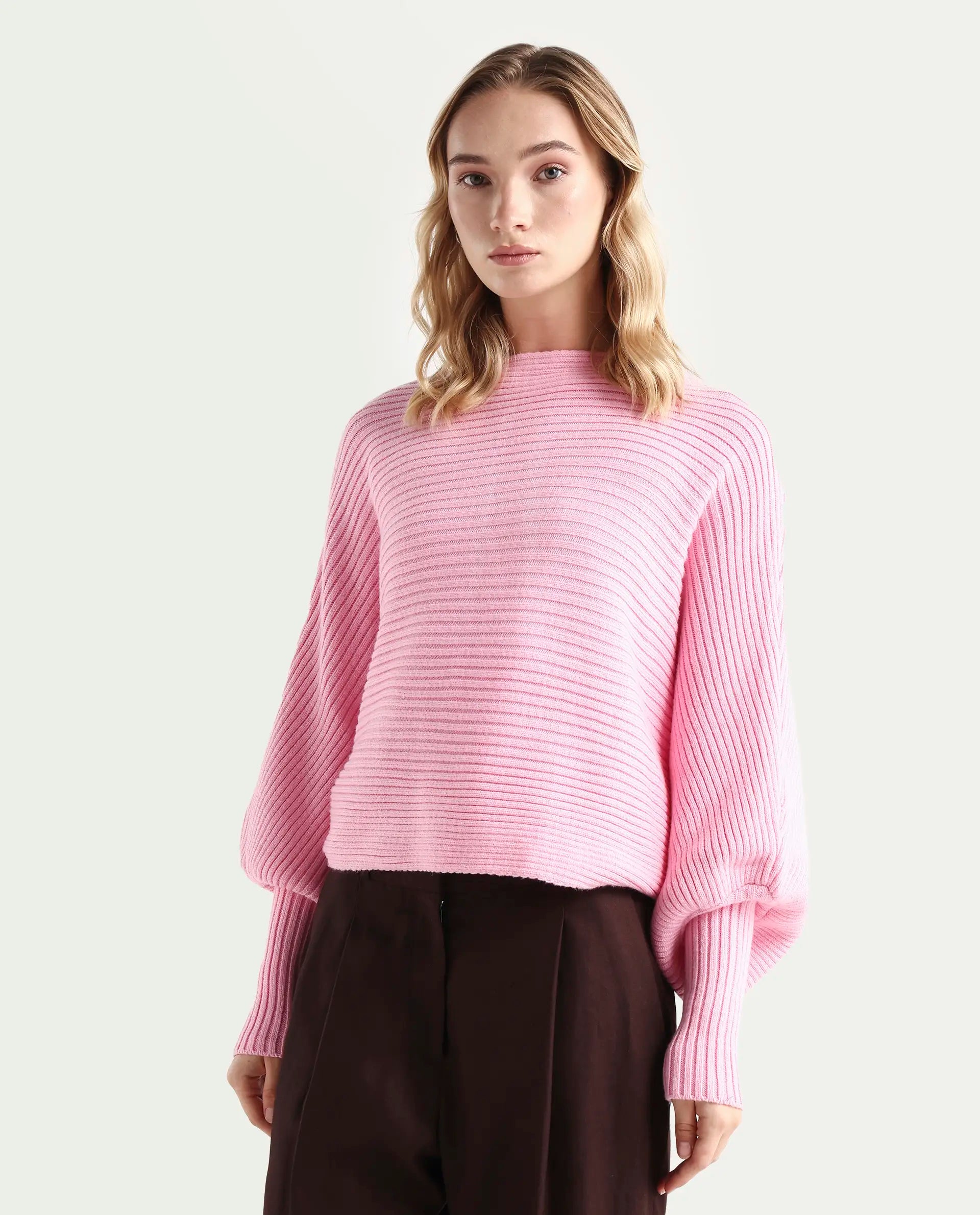 Rareism Women's Blaire Light Pink Viscose Blend Crew Neck Plain Bishop Sleeve Crop Relaxed Fit Sweater