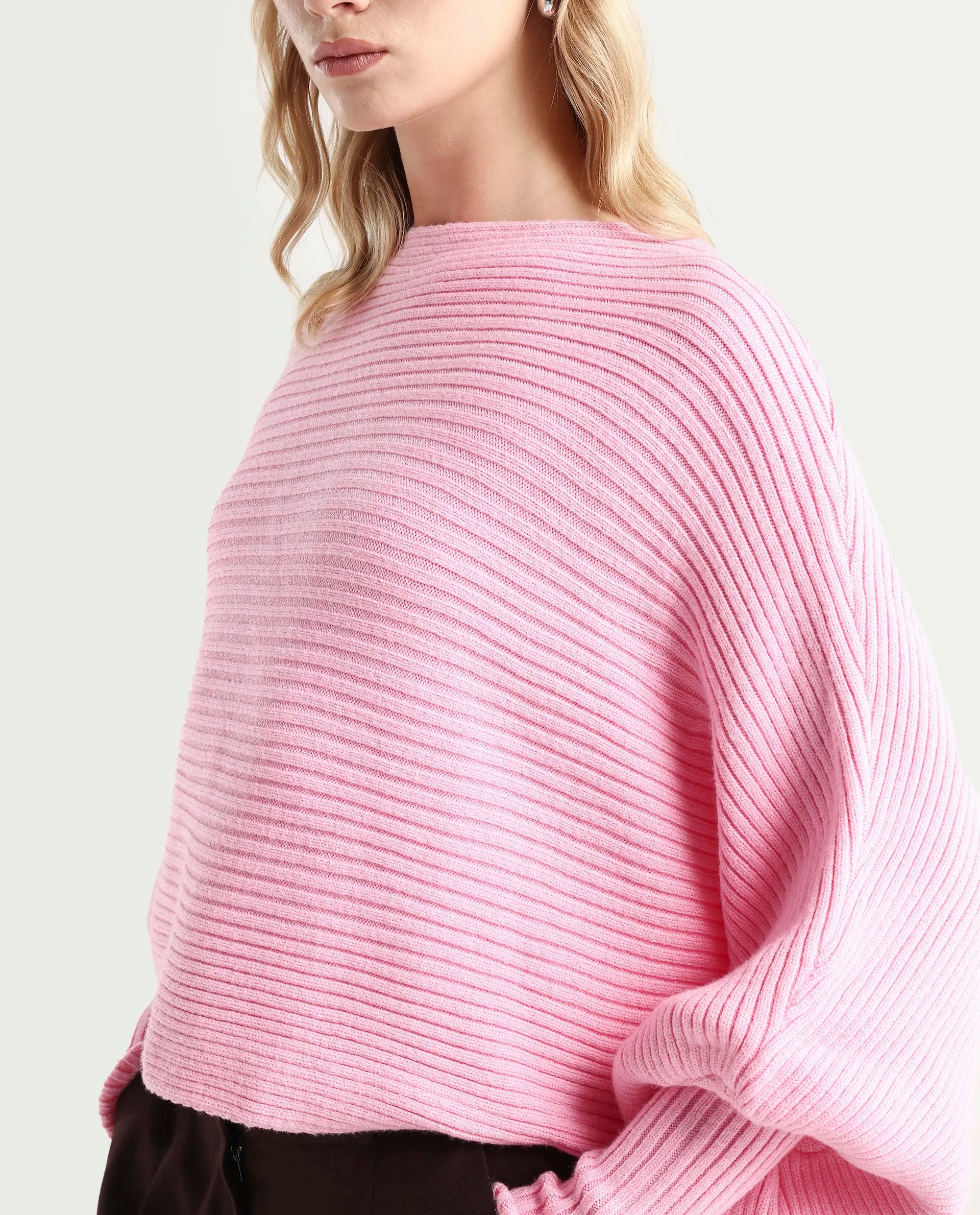 Rareism Women's Blaire Light Pink Viscose Blend Crew Neck Plain Bishop Sleeve Crop Relaxed Fit Sweater